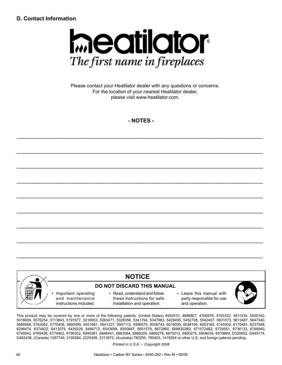 Notice | Heatiator CB4842IR User Manual | Page 40 / 40