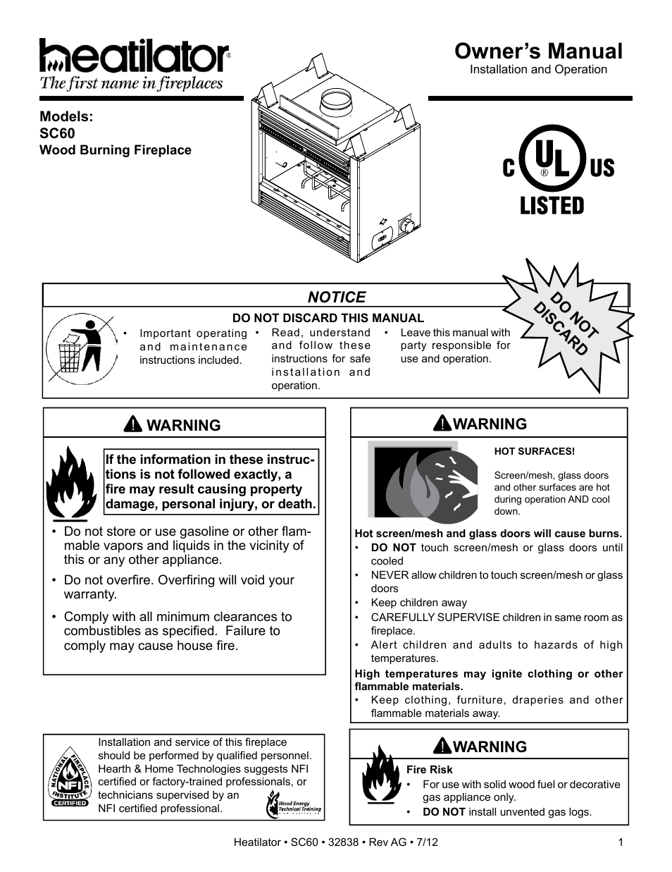 Heatiator Heatilator Wood Burning Fireplace SC60 User Manual | 48 pages