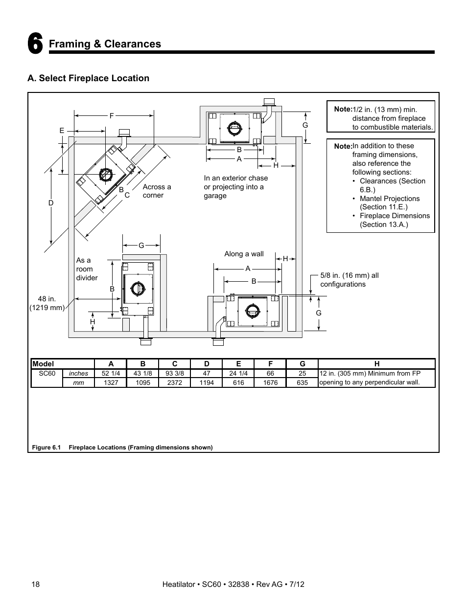 Framing & clearances | Heatiator Heatilator Wood Burning Fireplace SC60 User Manual | Page 18 / 48