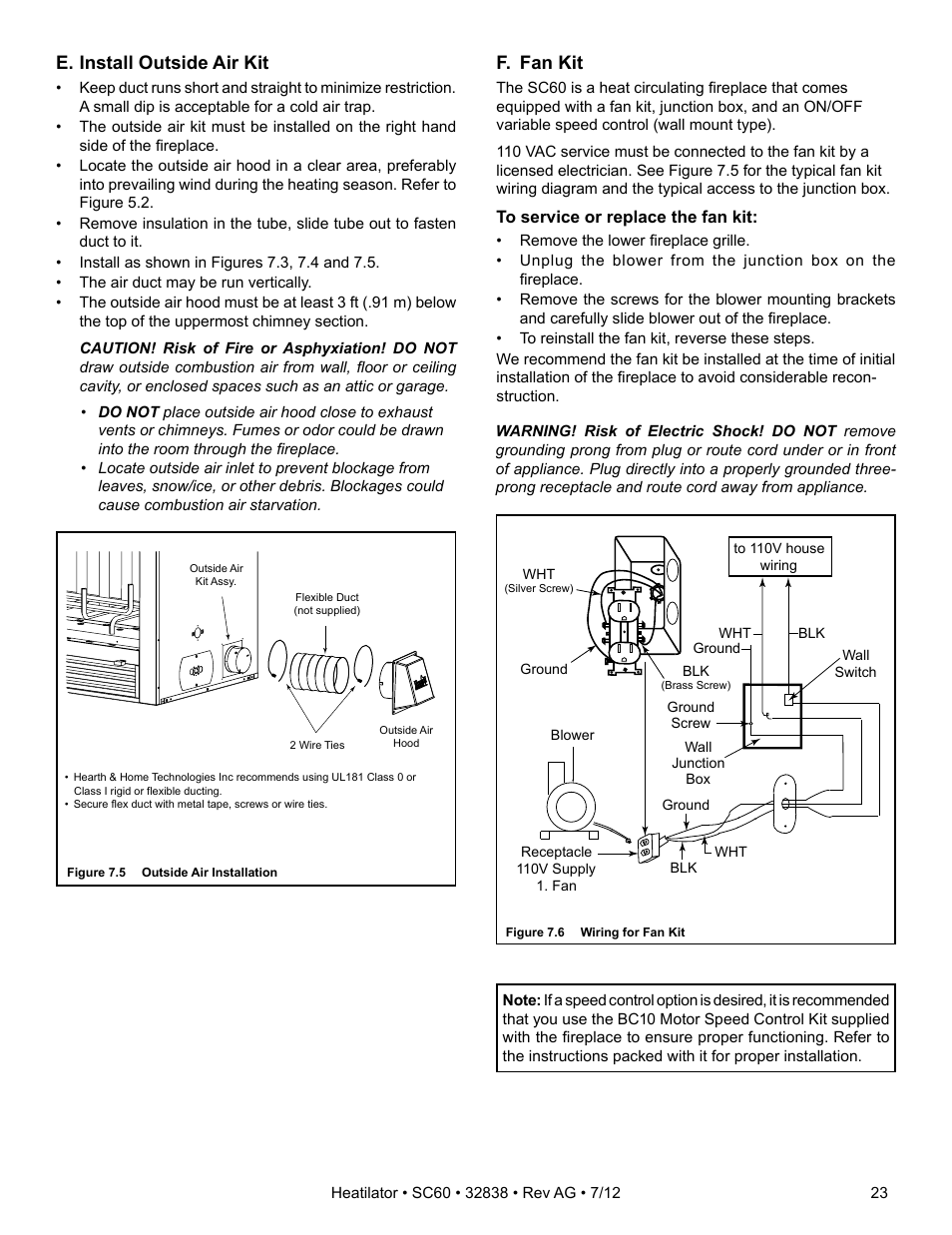 E. install outside air kit, F. fan kit | Heatiator Heatilator Wood Burning Fireplace SC60 User Manual | Page 23 / 48