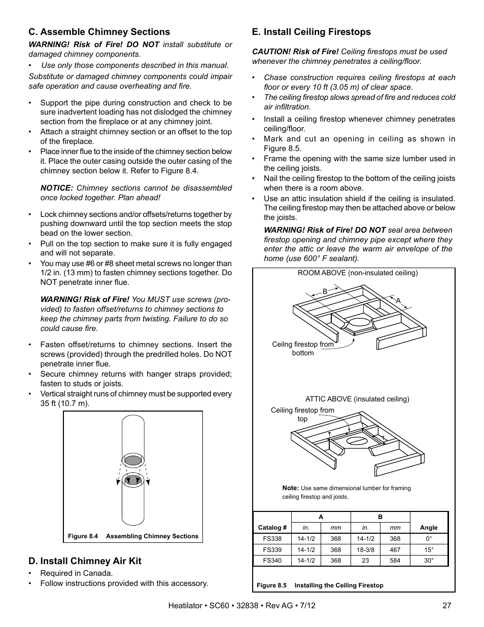 D. install chimney air kit, E. install ceiling firestops | Heatiator Heatilator Wood Burning Fireplace SC60 User Manual | Page 27 / 48