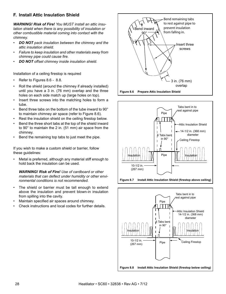 F. install attic insulation shield | Heatiator Heatilator Wood Burning Fireplace SC60 User Manual | Page 28 / 48