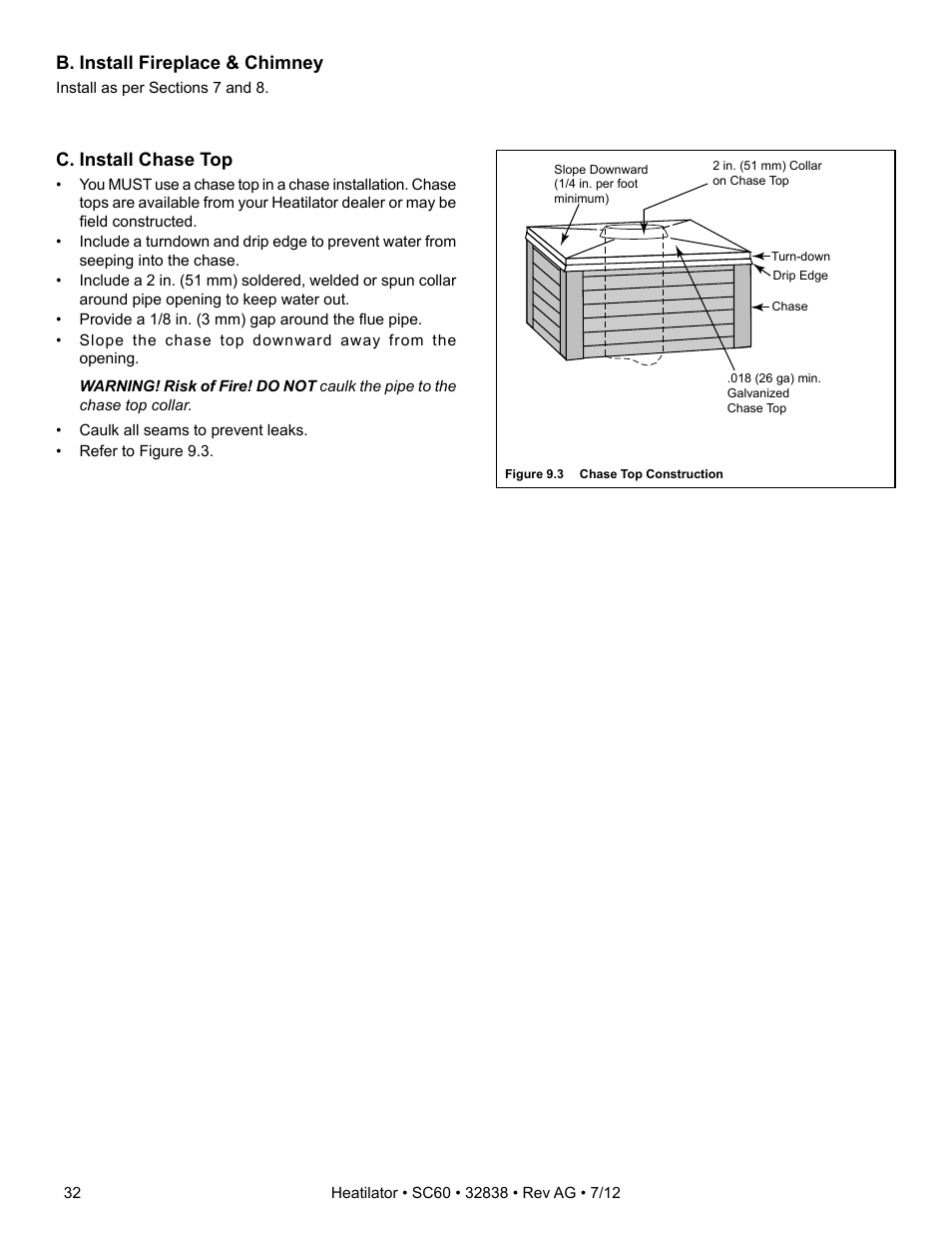 B. install fireplace & chimney, C. install chase top | Heatiator Heatilator Wood Burning Fireplace SC60 User Manual | Page 32 / 48