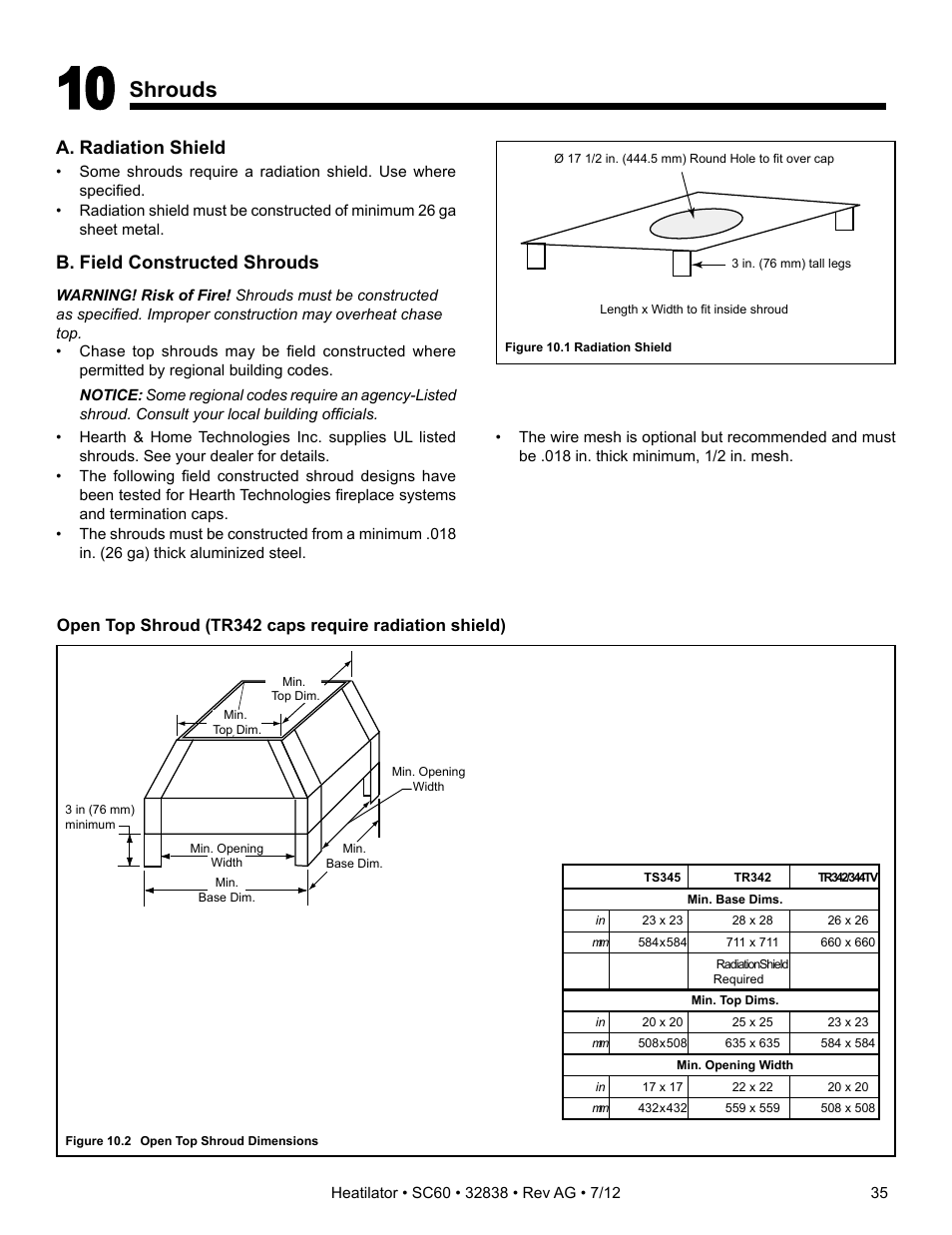 Shrouds, A. radiation shield, B. field constructed shrouds | Heatiator Heatilator Wood Burning Fireplace SC60 User Manual | Page 35 / 48