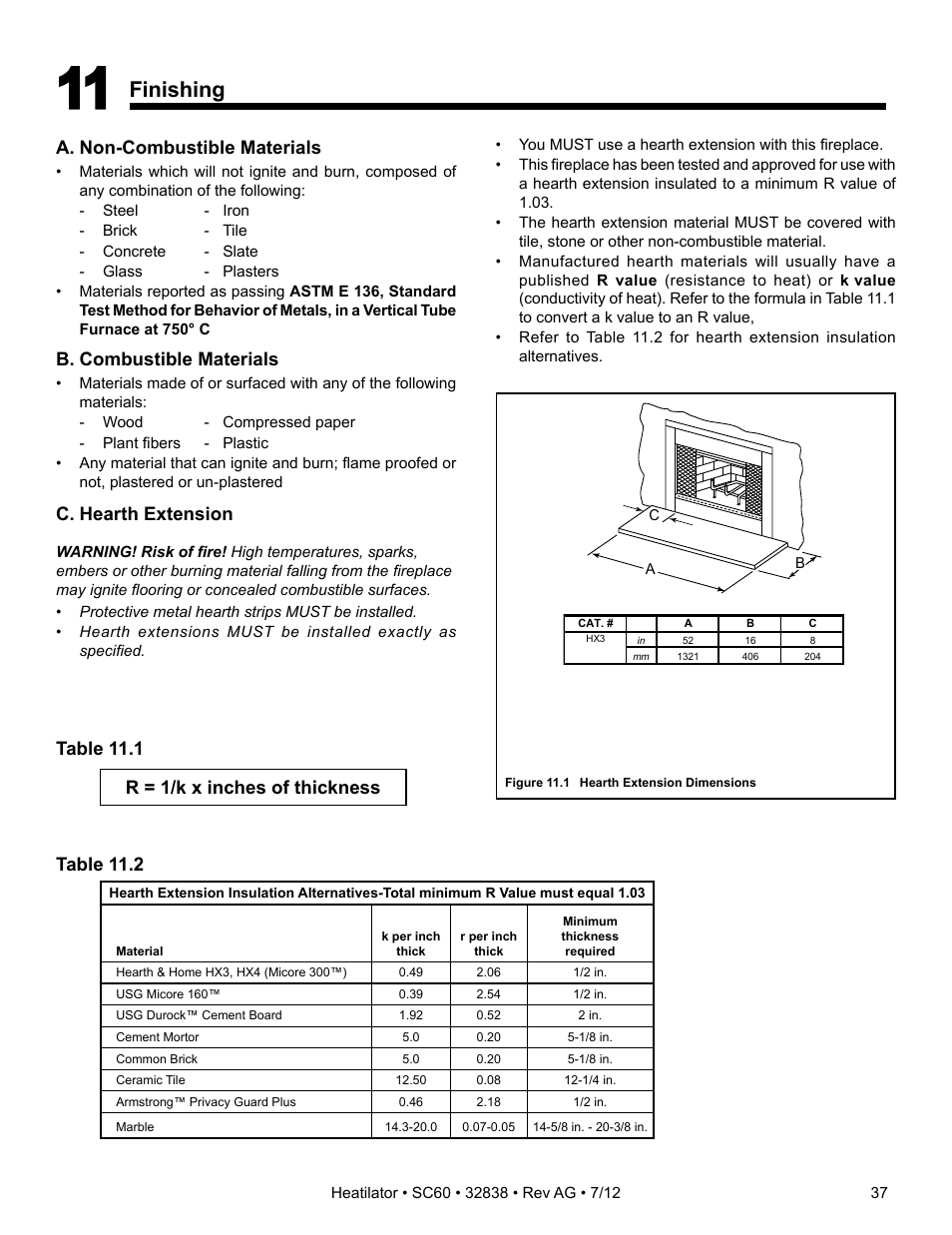 Finishing, A. non-combustible materials, B. combustible materials | Table 11.2 c. hearth extension, Table 11.1, R = 1/k x inches of thickness | Heatiator Heatilator Wood Burning Fireplace SC60 User Manual | Page 37 / 48