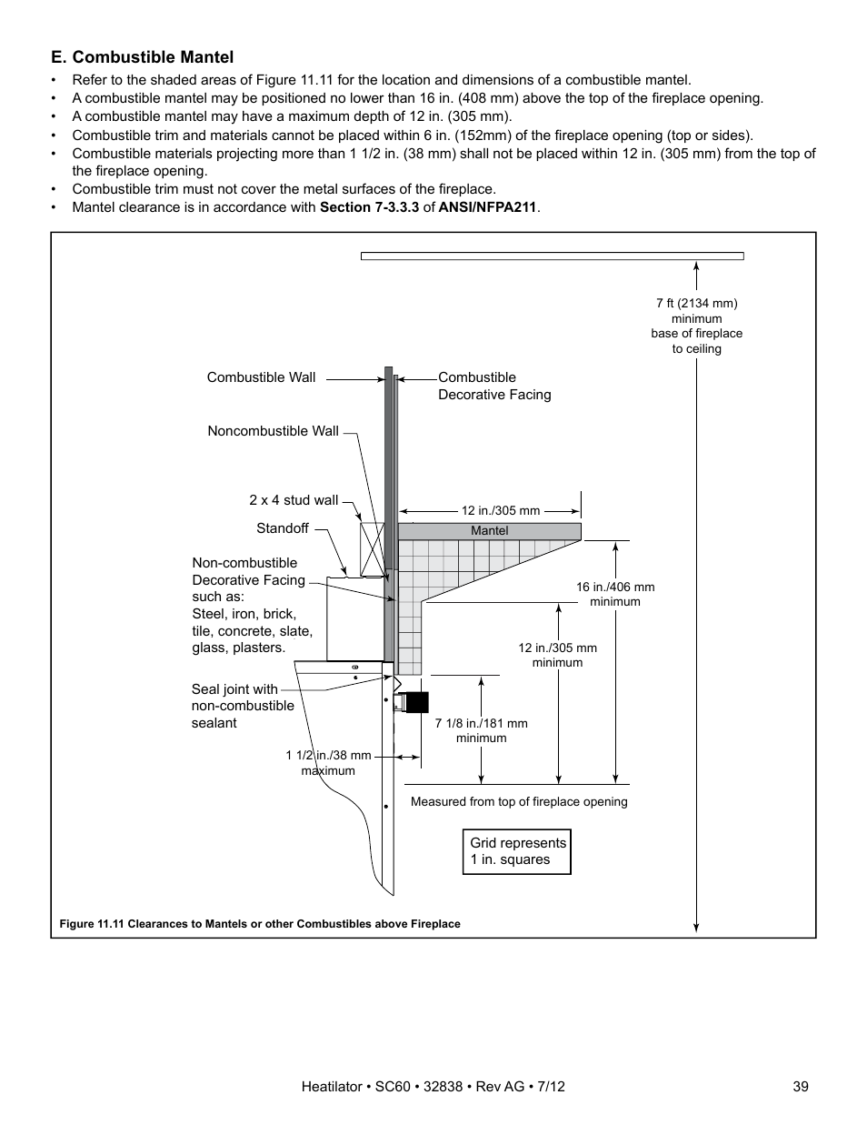 E. combustible mantel | Heatiator Heatilator Wood Burning Fireplace SC60 User Manual | Page 39 / 48