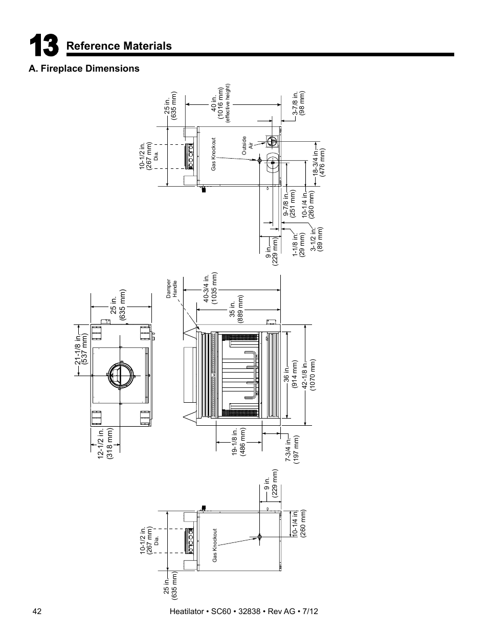 Reference materials, A. fireplace dimensions | Heatiator Heatilator Wood Burning Fireplace SC60 User Manual | Page 42 / 48