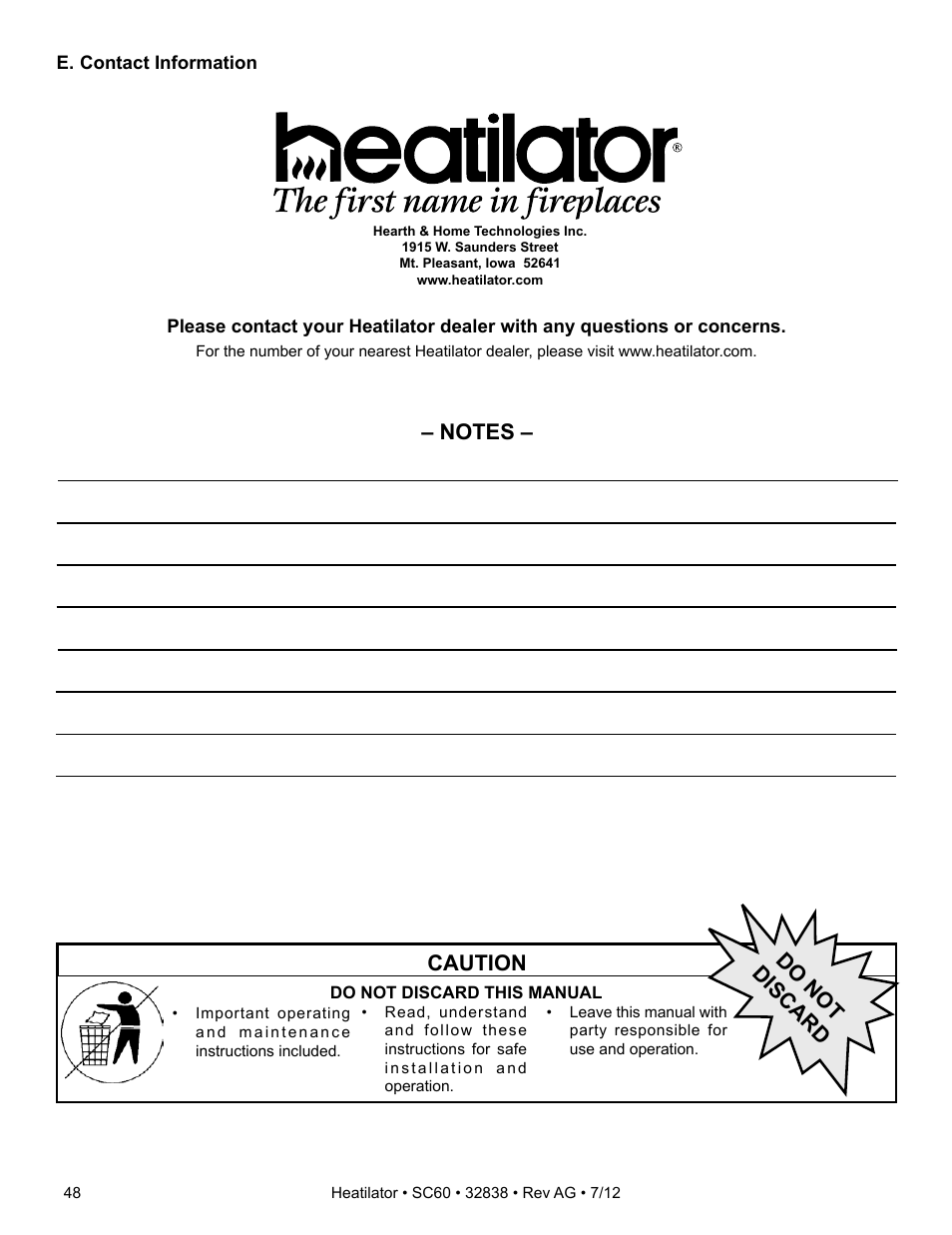 Caution, Do not discard | Heatiator Heatilator Wood Burning Fireplace SC60 User Manual | Page 48 / 48