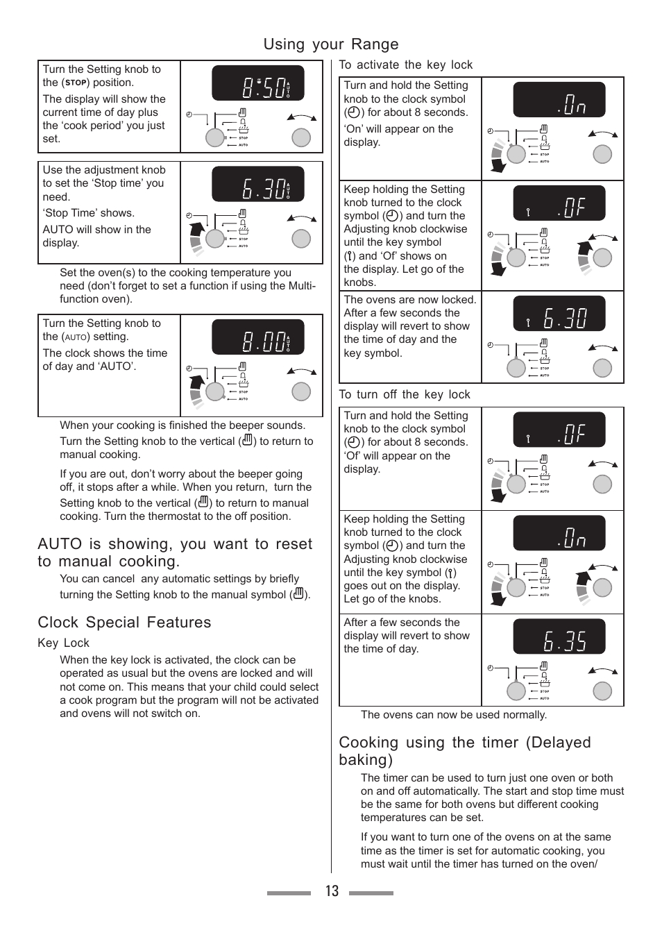 Using your range 13, Clock special features, Cooking using the timer (delayed baking) | Heartland Toledo XT User Manual | Page 13 / 48