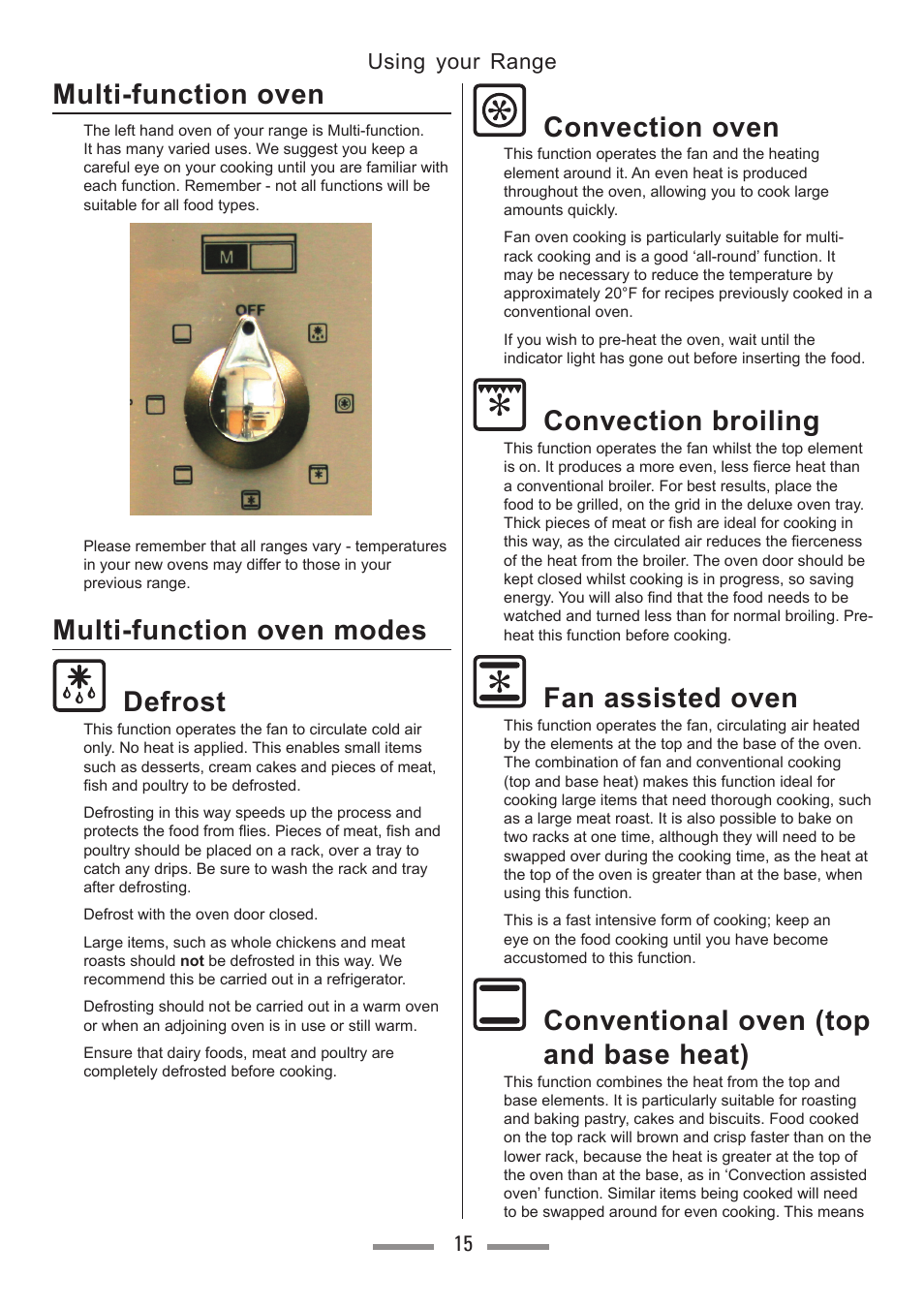Multi-function oven, Multi-function oven modes defrost, Convection oven | Convection broiling, Fan assisted oven, Conventional oven (top and base heat), Using your range 15 | Heartland Toledo XT User Manual | Page 15 / 48