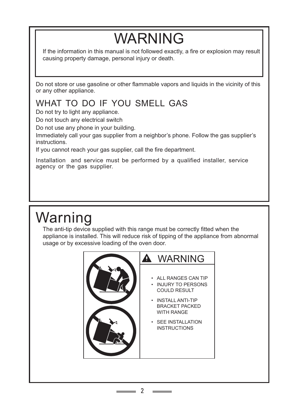 Warning, What to do if you smell gas | Heartland Toledo XT User Manual | Page 2 / 48