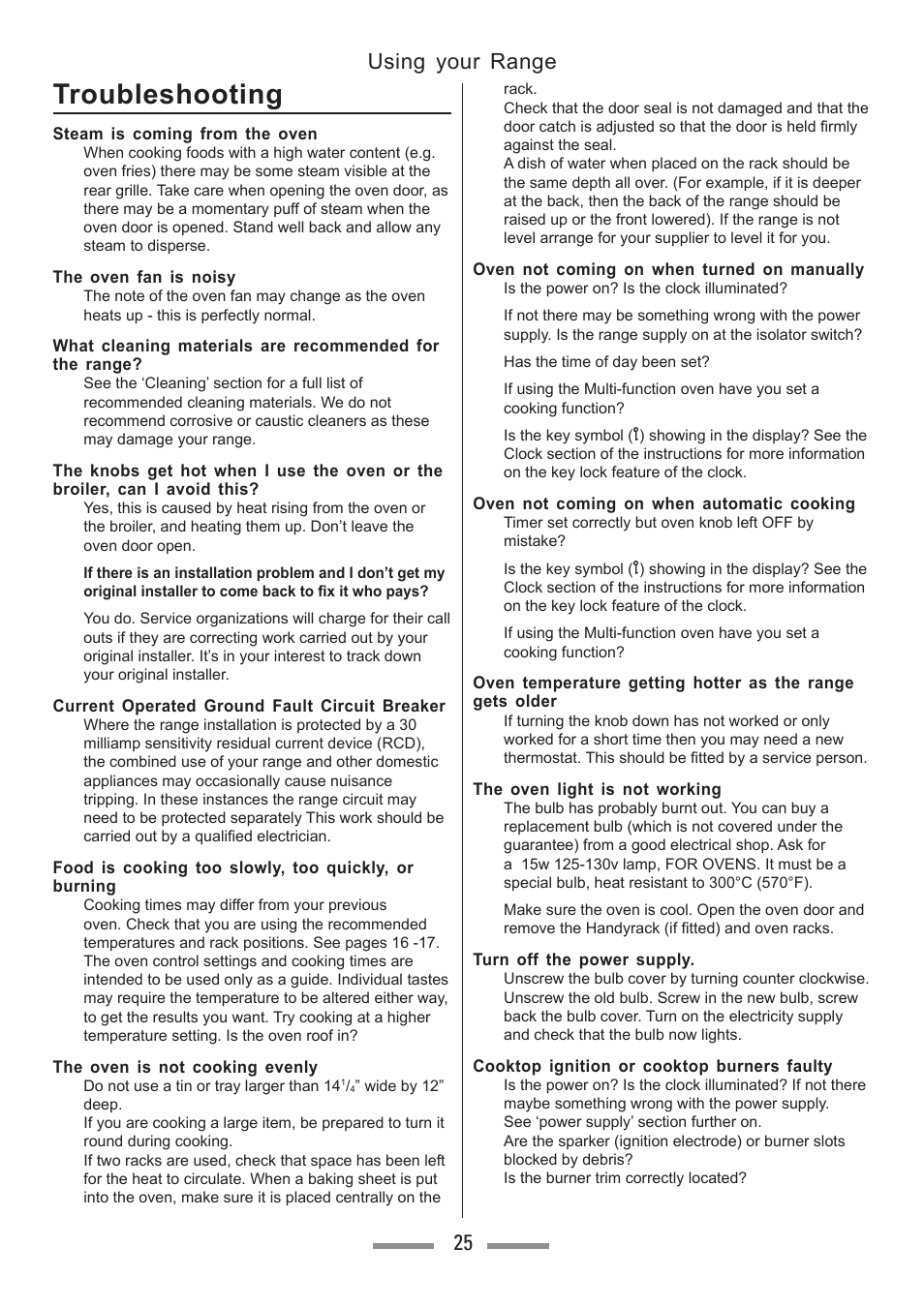 Troubleshooting, Using your range 25 | Heartland Toledo XT User Manual | Page 25 / 48