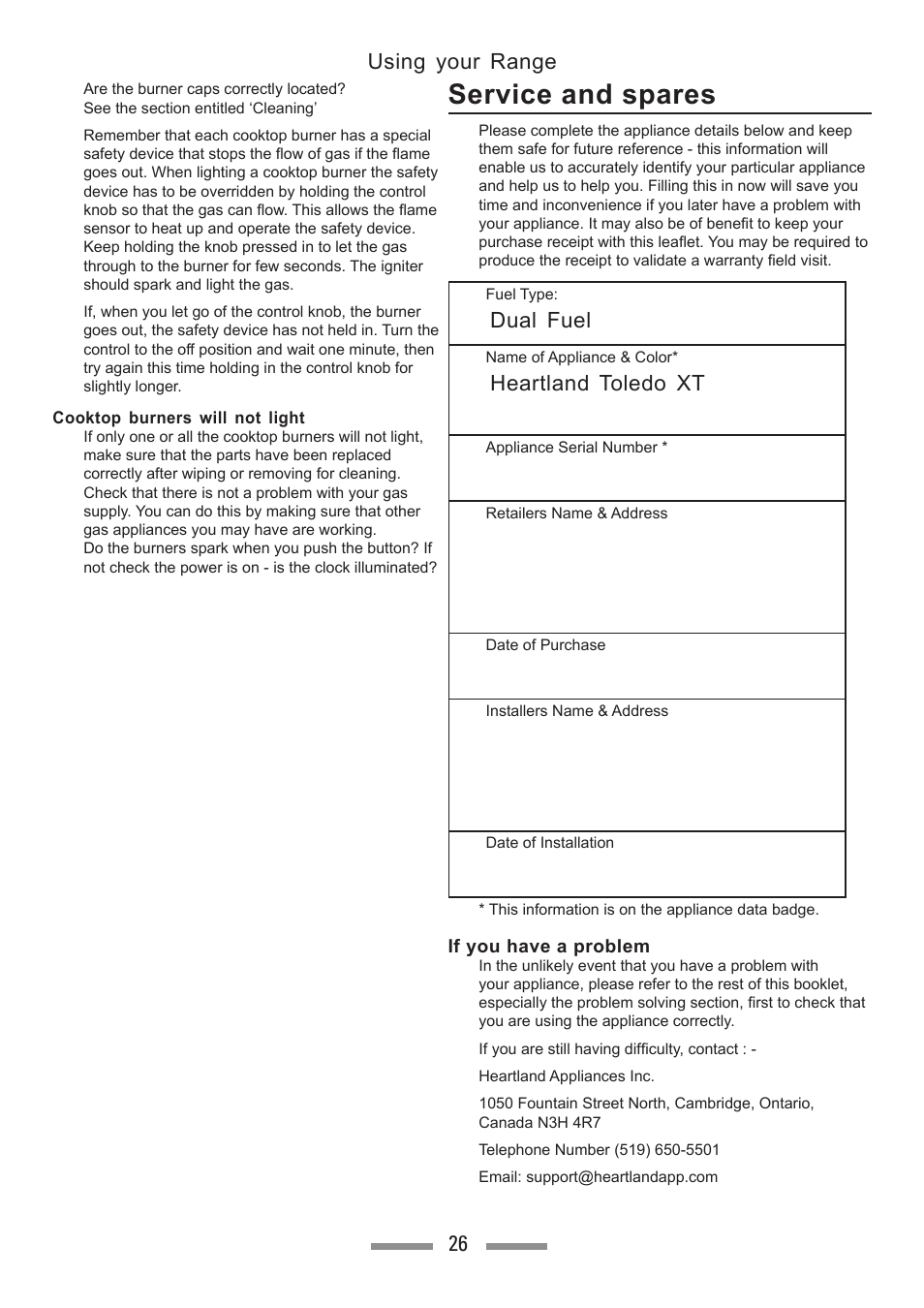 Service and spares, Using your range 26, Dual fuel | Heartland toledo xt | Heartland Toledo XT User Manual | Page 26 / 48