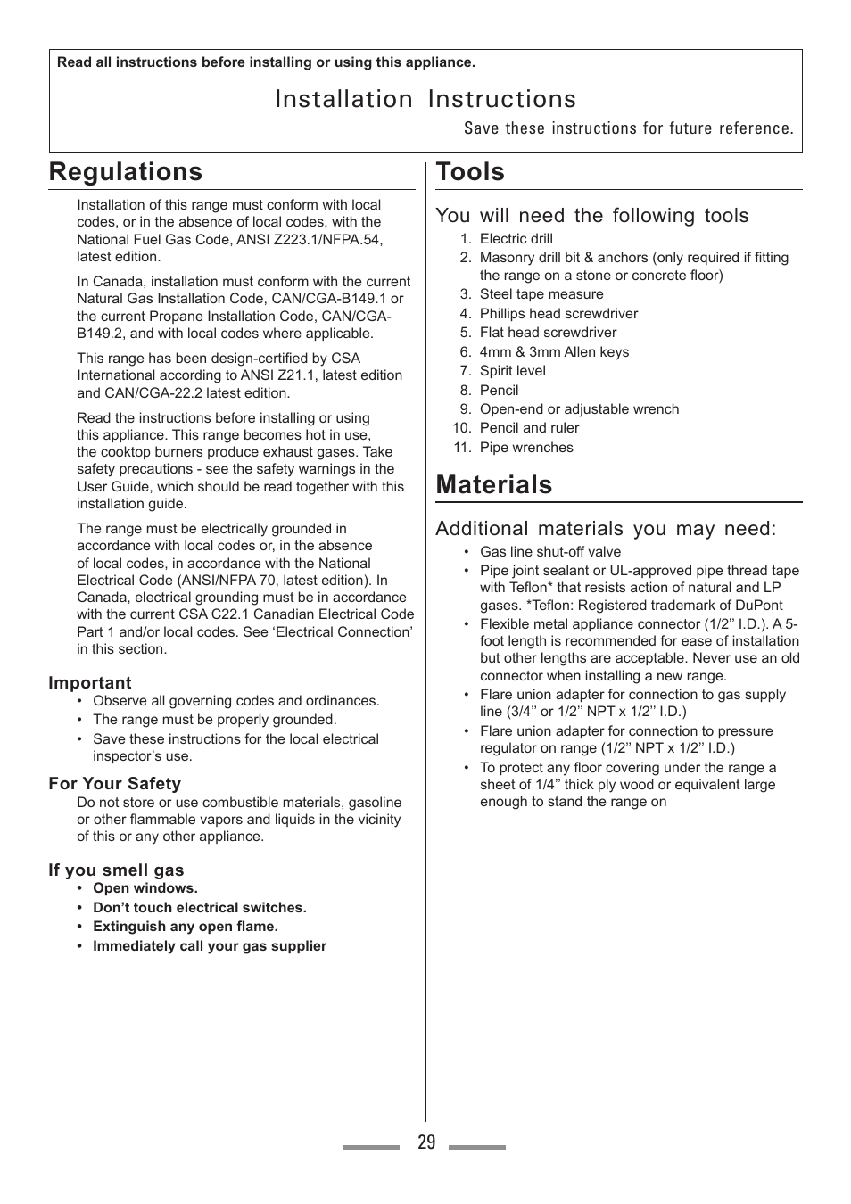 Installation instructions, Regulations, Tools | Materials, You will need the following tools, Additional materials you may need | Heartland Toledo XT User Manual | Page 29 / 48