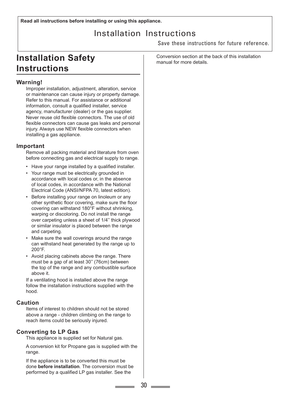 Installation instructions, Installation safety instructions | Heartland Toledo XT User Manual | Page 30 / 48