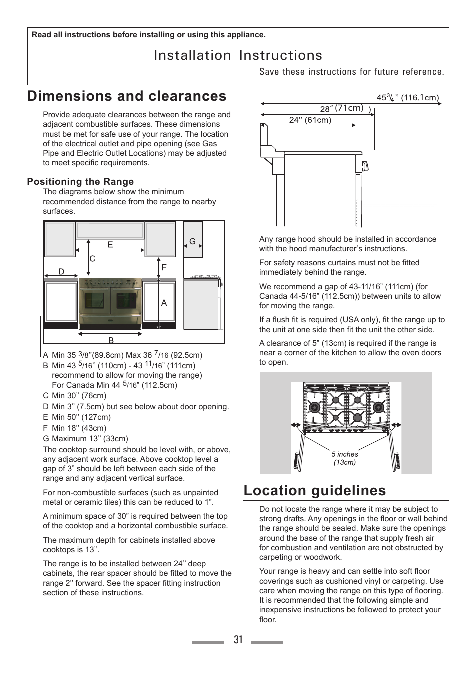 Installation instructions, Dimensions and clearances, Location guidelines | Heartland Toledo XT User Manual | Page 31 / 48