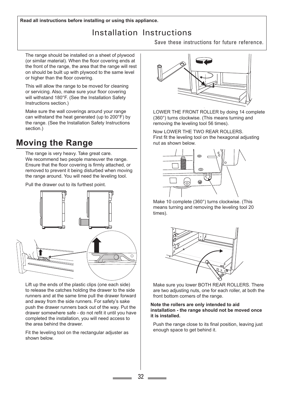 Installation instructions, Moving the range | Heartland Toledo XT User Manual | Page 32 / 48