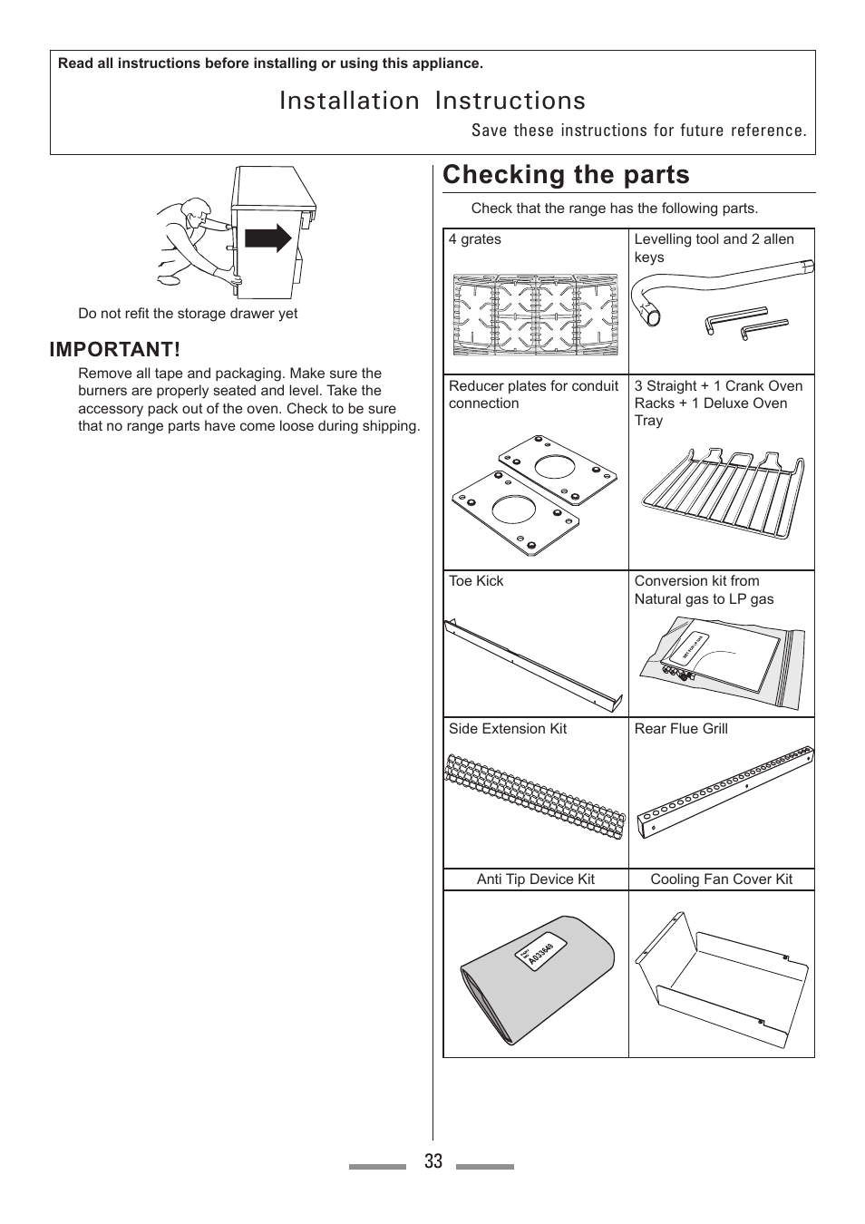 Installation instructions, Checking the parts, Important | Heartland Toledo XT User Manual | Page 33 / 48