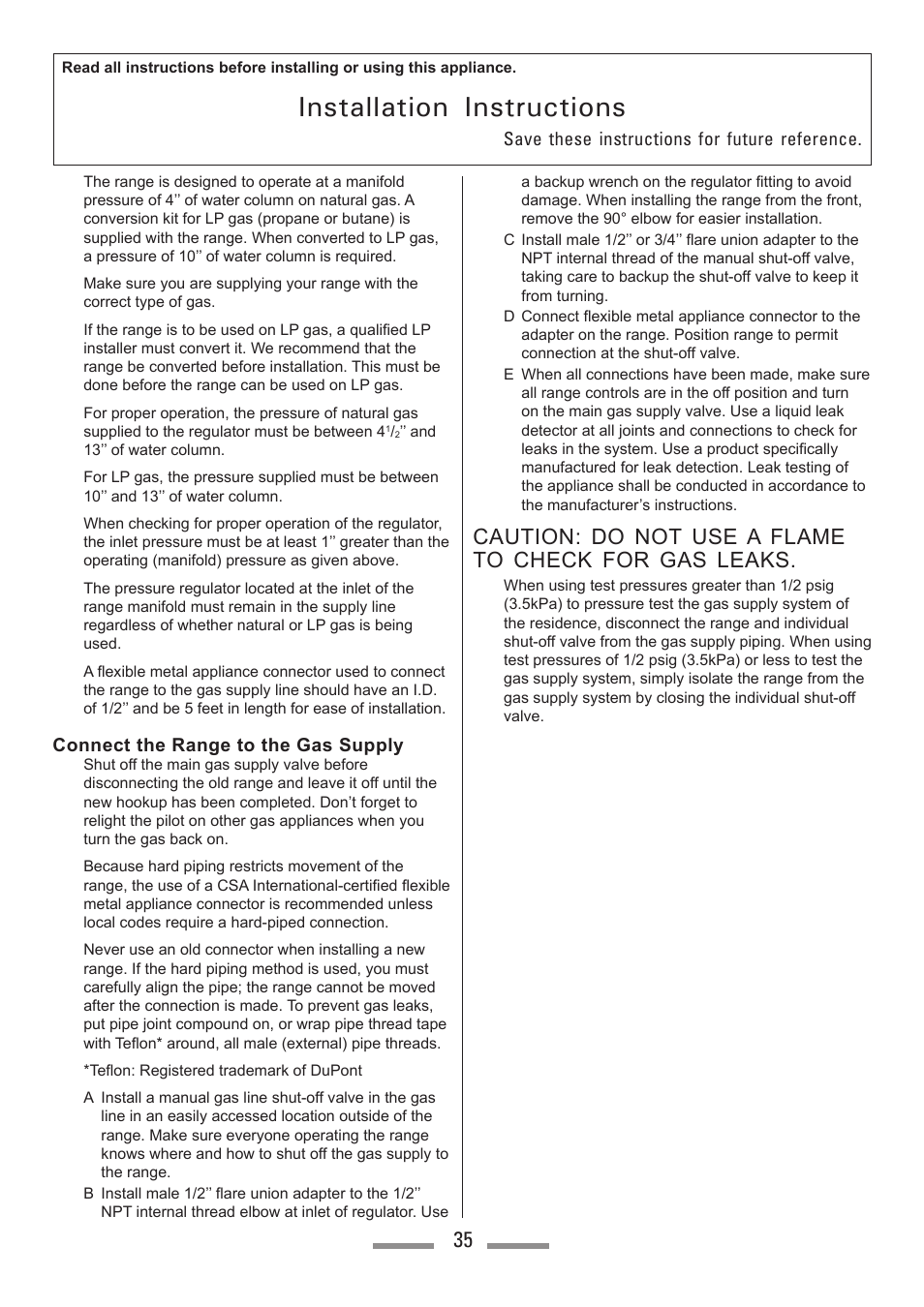 Installation instructions, Caution: do not use a flame to check for gas leaks | Heartland Toledo XT User Manual | Page 35 / 48