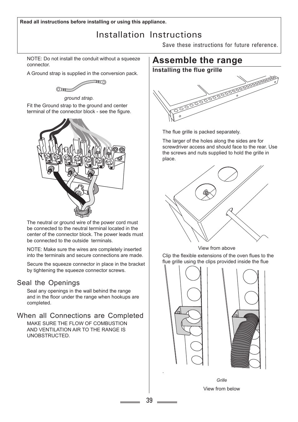 Installation instructions, Assemble the range, Seal the openings | When all connections are completed | Heartland Toledo XT User Manual | Page 39 / 48