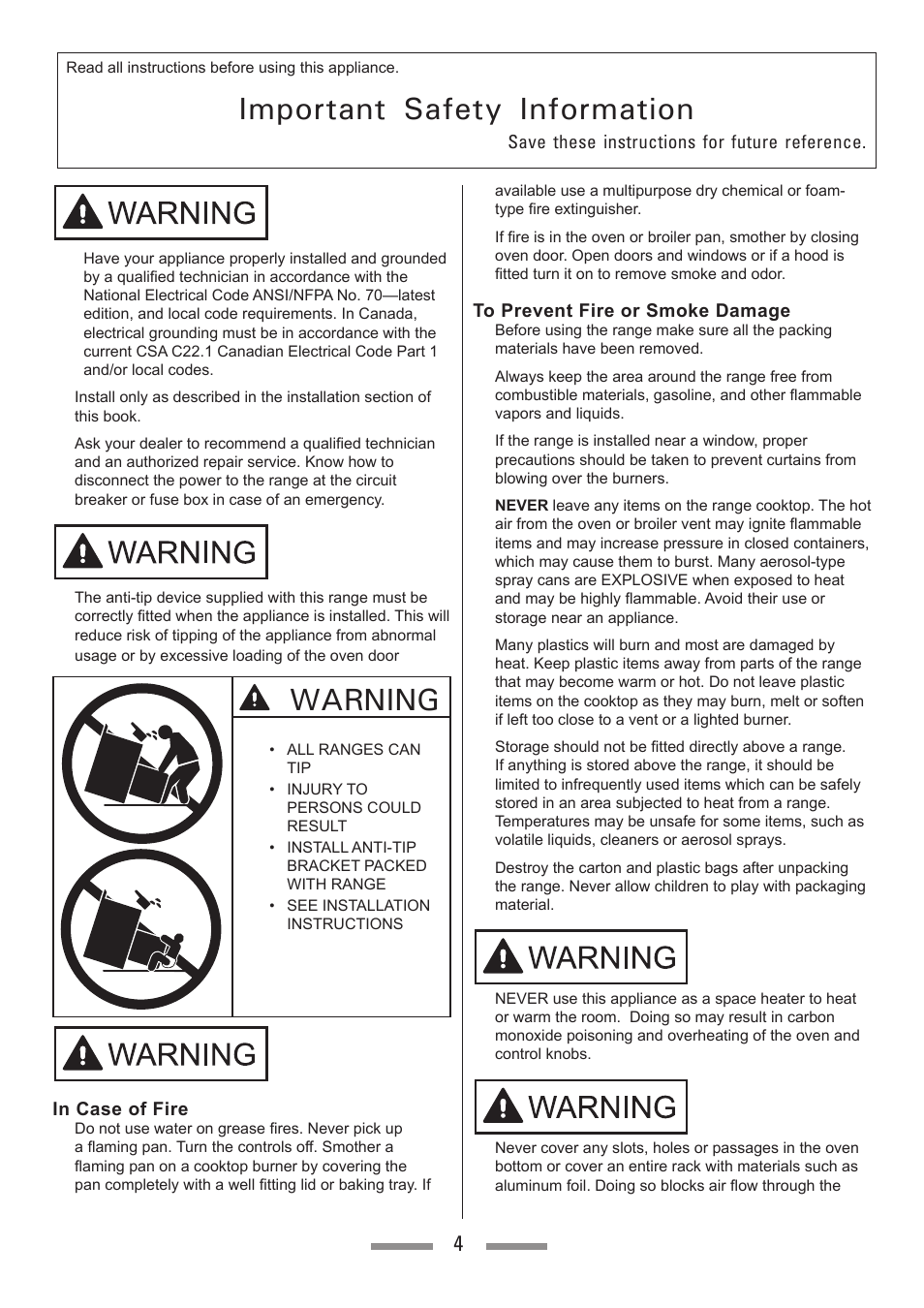 Important safety information, Warning | Heartland Toledo XT User Manual | Page 4 / 48