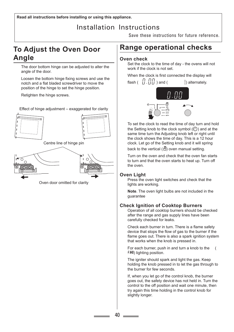 Installation instructions, Range operational checks | Heartland Toledo XT User Manual | Page 40 / 48
