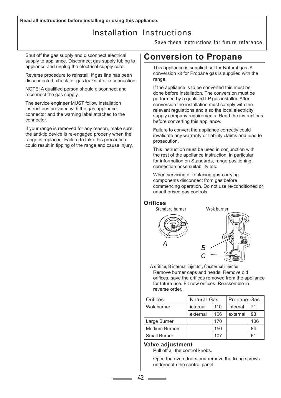 Installation instructions, Conversion to propane | Heartland Toledo XT User Manual | Page 42 / 48