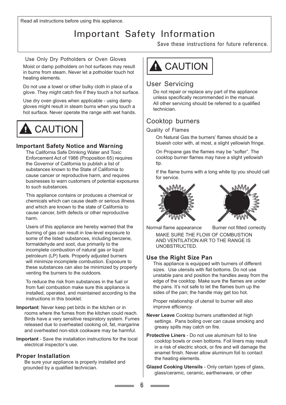 Important safety information, User servicing, Cooktop burners | Heartland Toledo XT User Manual | Page 6 / 48