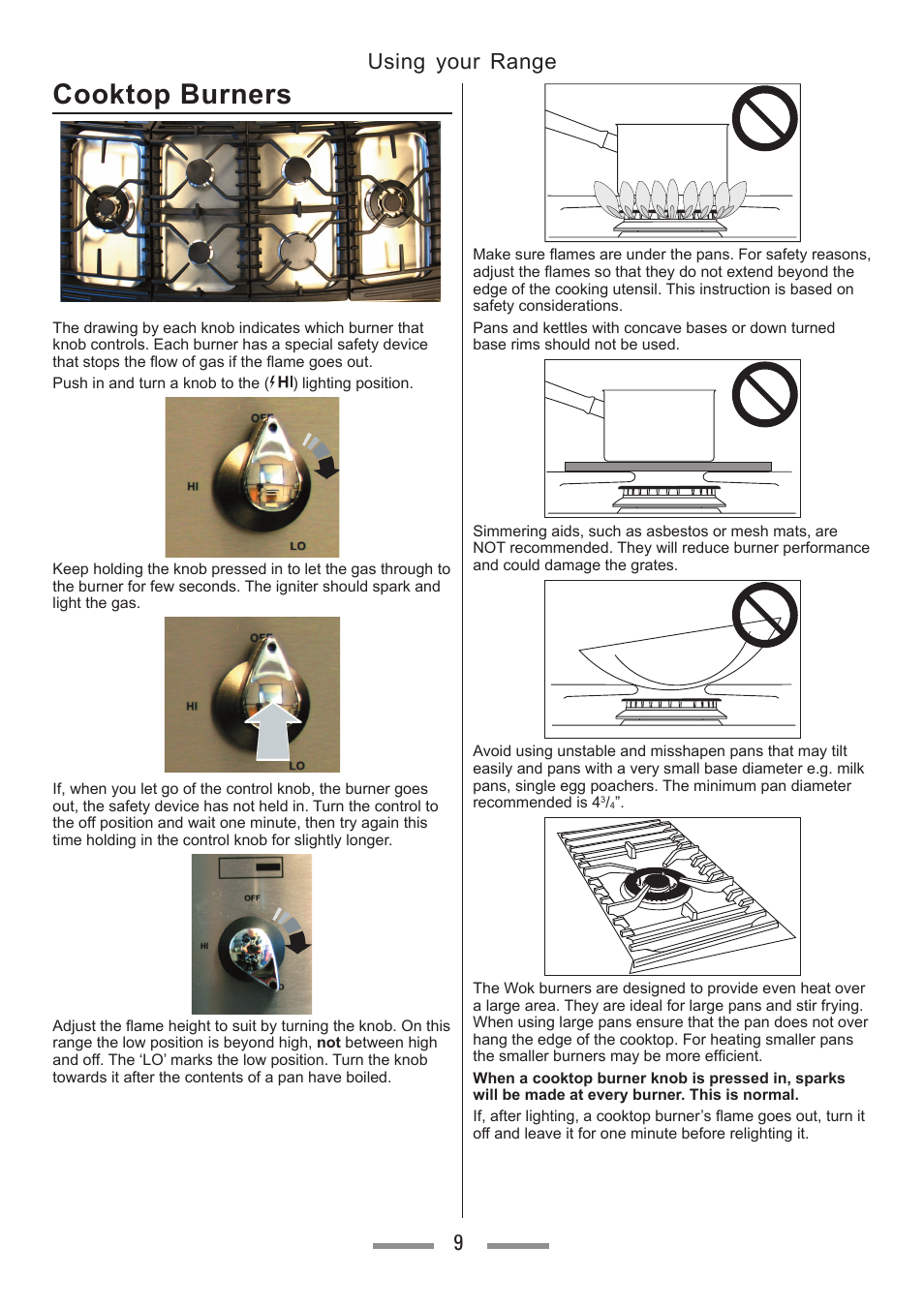 Cooktop burners, Using your range 9 | Heartland Toledo XT User Manual | Page 9 / 48