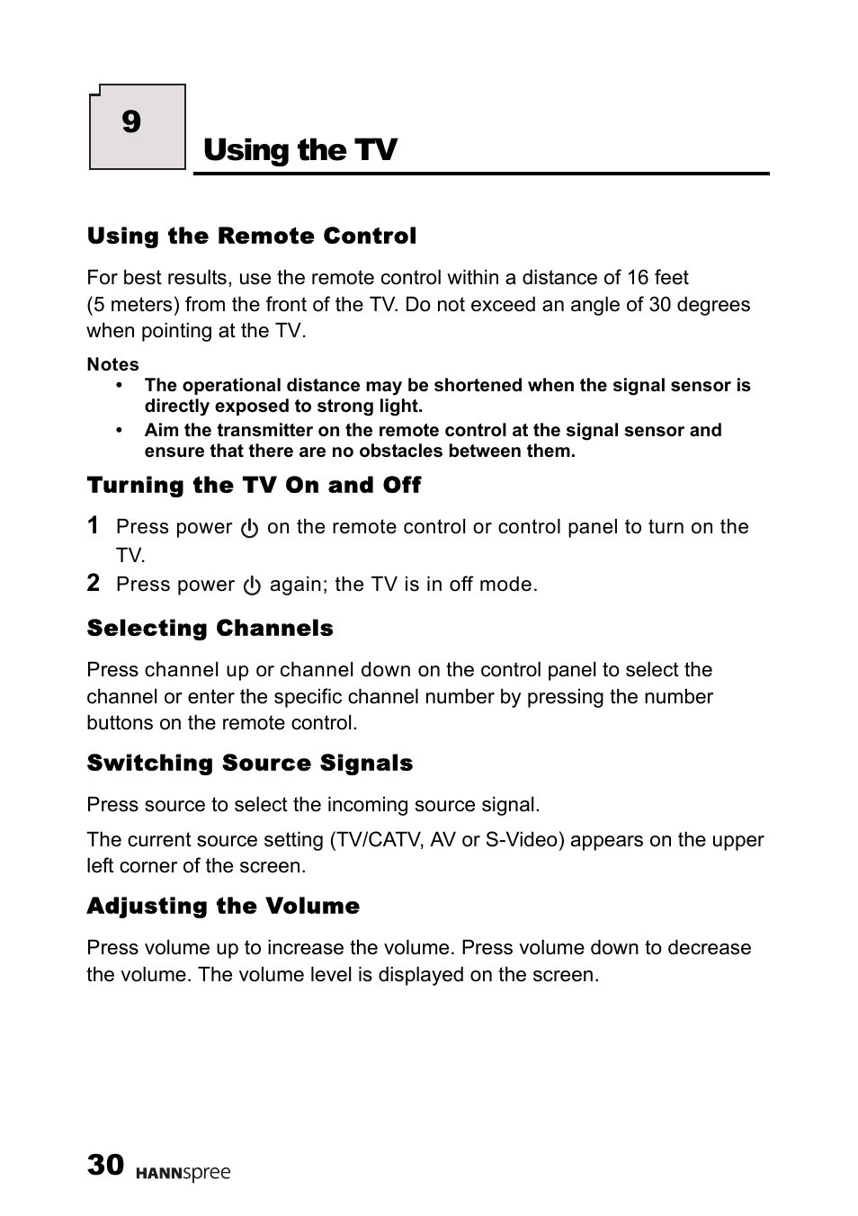 Using the remote control, Turning the tv on and off, Selecting channels | Switching source signals, Adjusting the volume, Using the tv, 9using the tv | HANNspree HANNSrobby User Manual | Page 31 / 63