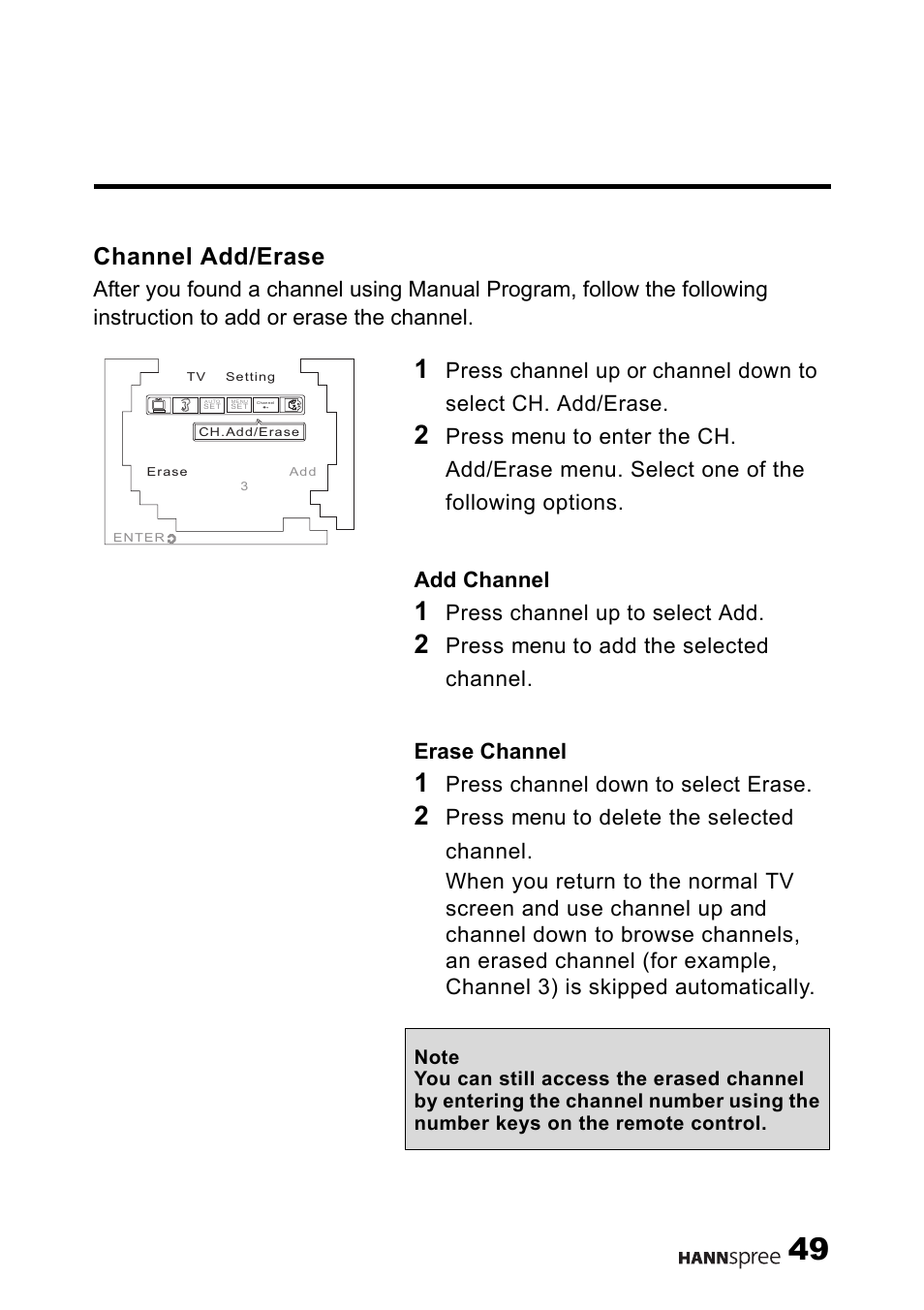 Channel add/erase, Press channel up to select add, Press channel down to select erase | HANNspree HANNSrobby User Manual | Page 50 / 63