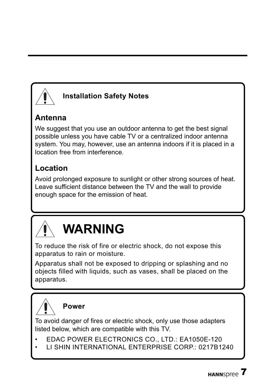 Warning | HANNspree HANNSrobby User Manual | Page 8 / 63