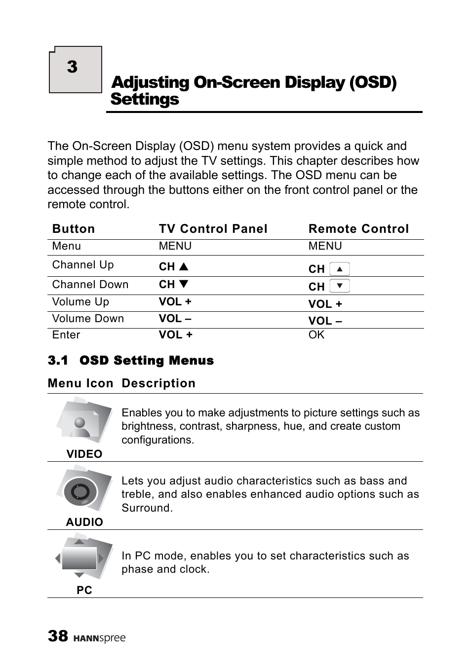 1 osd setting menus, Adjusting on-screen display (osd) settings, 3adjusting on-screen display (osd) settings | HANNspree MAK-000039 User Manual | Page 39 / 65