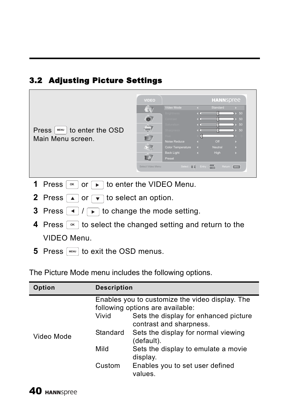 2 adjusting picture settings, Press or to enter the video menu, Press or to select an option | Press / to change the mode setting, Press to exit the osd menus, Press to enter the osd main menu screen | HANNspree MAK-000039 User Manual | Page 41 / 65