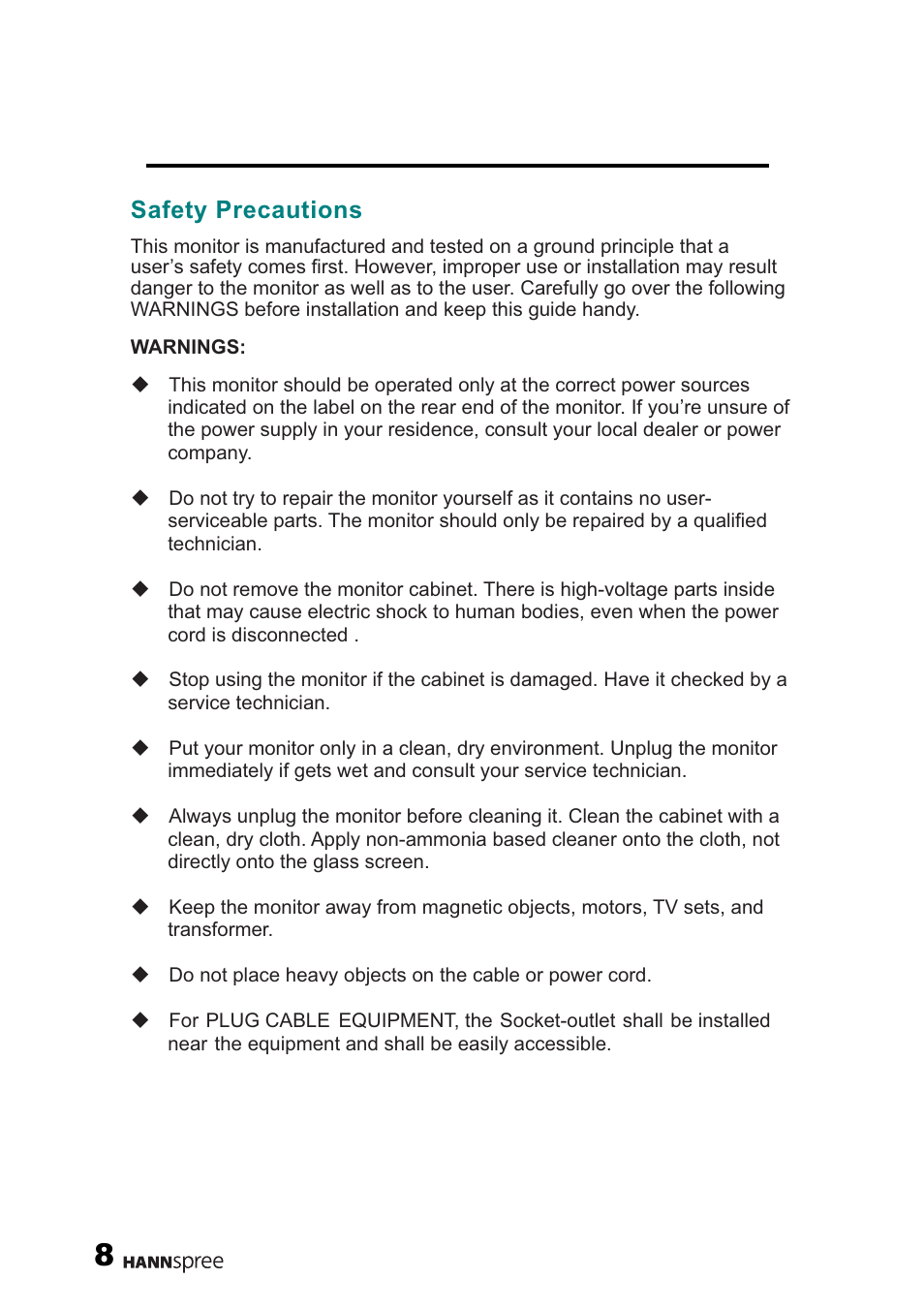 Safety precautions | HANNspree 22" Liquid Crystal Display monitor XM User Manual | Page 9 / 18