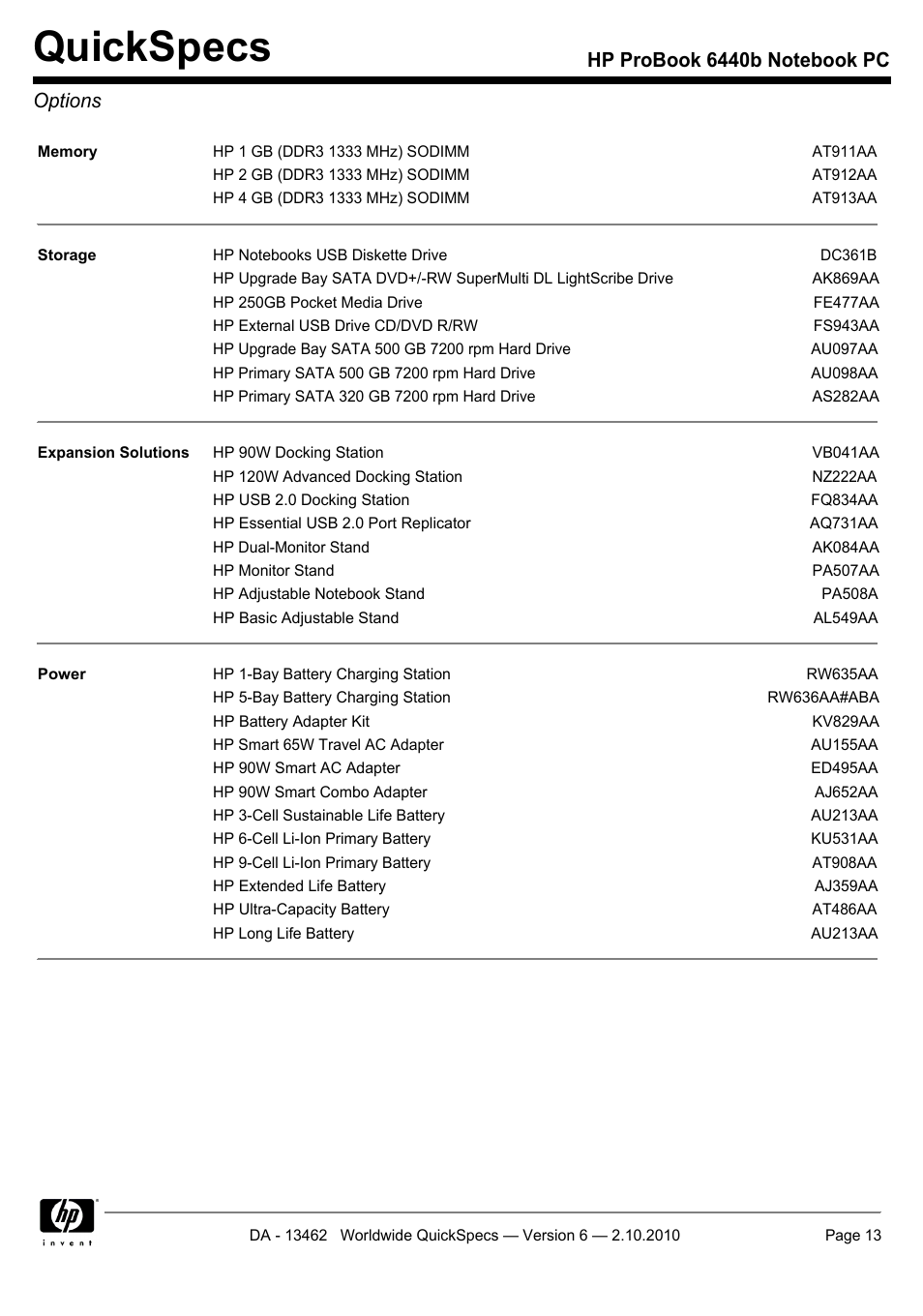 Options, Quickspecs | HPP Enterprises 6440B User Manual | Page 13 / 40