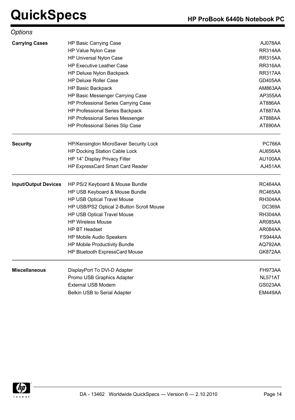 Quickspecs | HPP Enterprises 6440B User Manual | Page 14 / 40