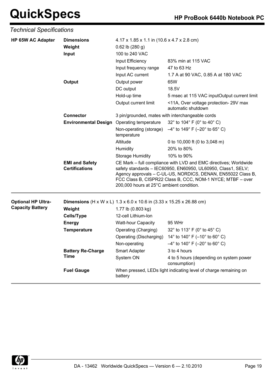 Quickspecs | HPP Enterprises 6440B User Manual | Page 19 / 40