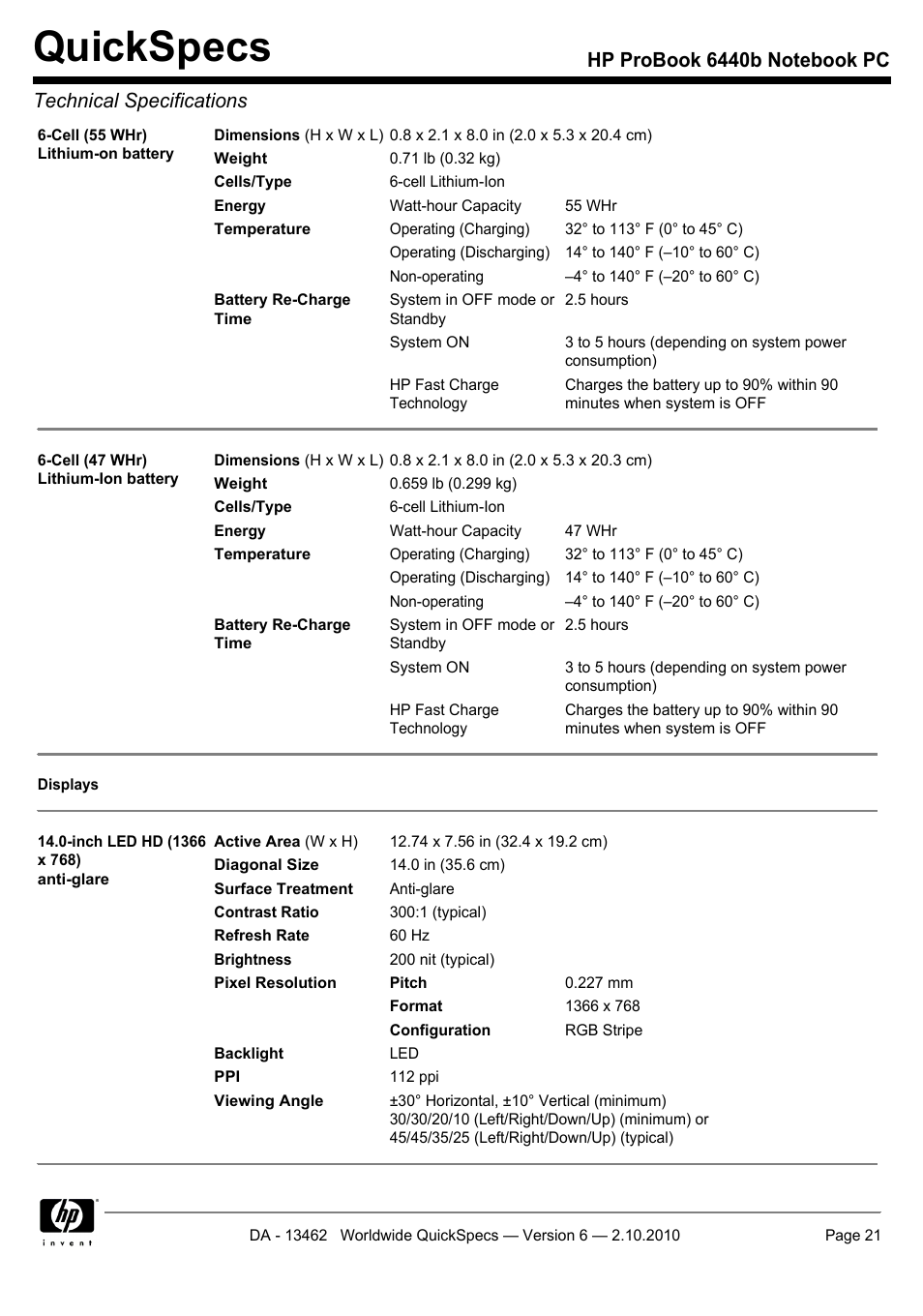 Quickspecs | HPP Enterprises 6440B User Manual | Page 21 / 40