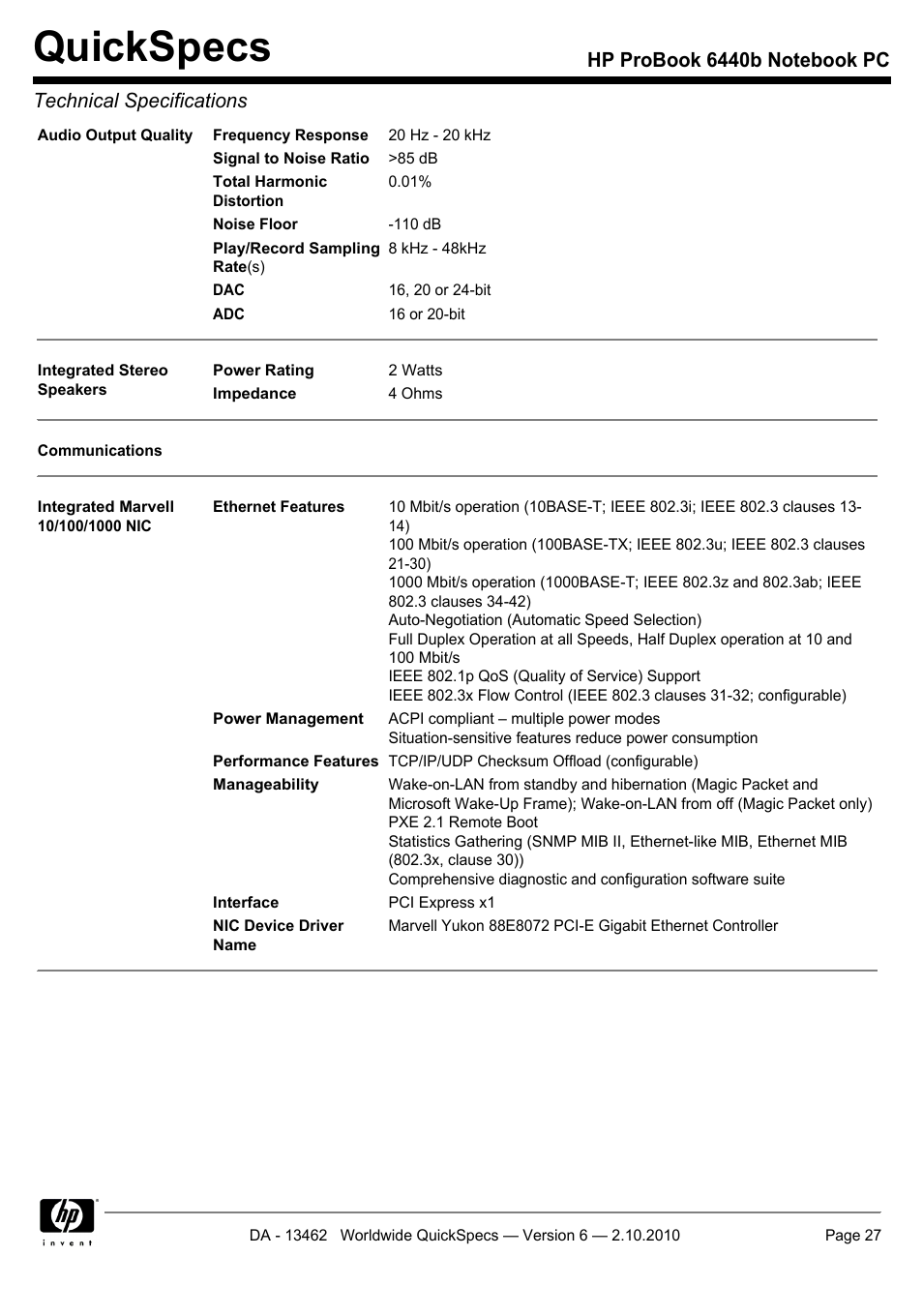 Quickspecs | HPP Enterprises 6440B User Manual | Page 27 / 40