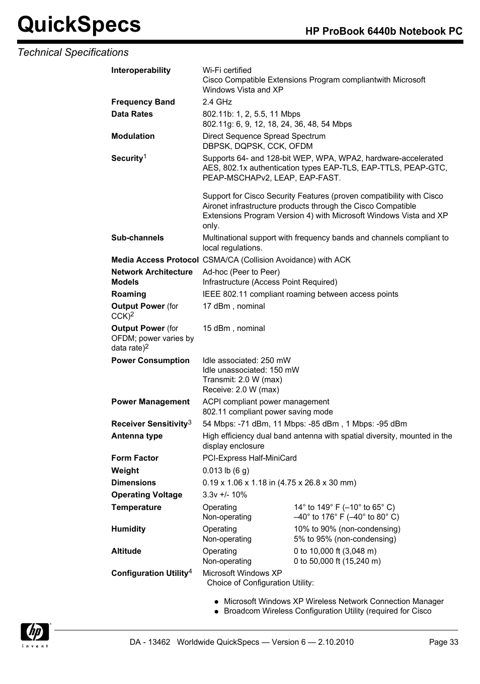 Quickspecs | HPP Enterprises 6440B User Manual | Page 33 / 40