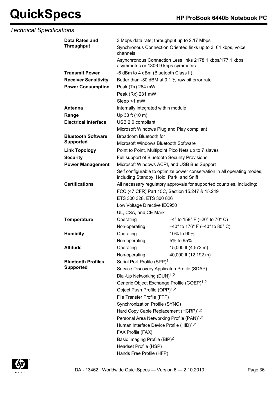 Quickspecs | HPP Enterprises 6440B User Manual | Page 36 / 40