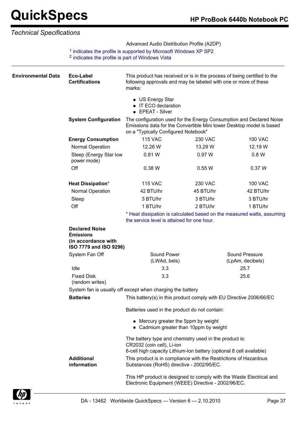 Quickspecs | HPP Enterprises 6440B User Manual | Page 37 / 40