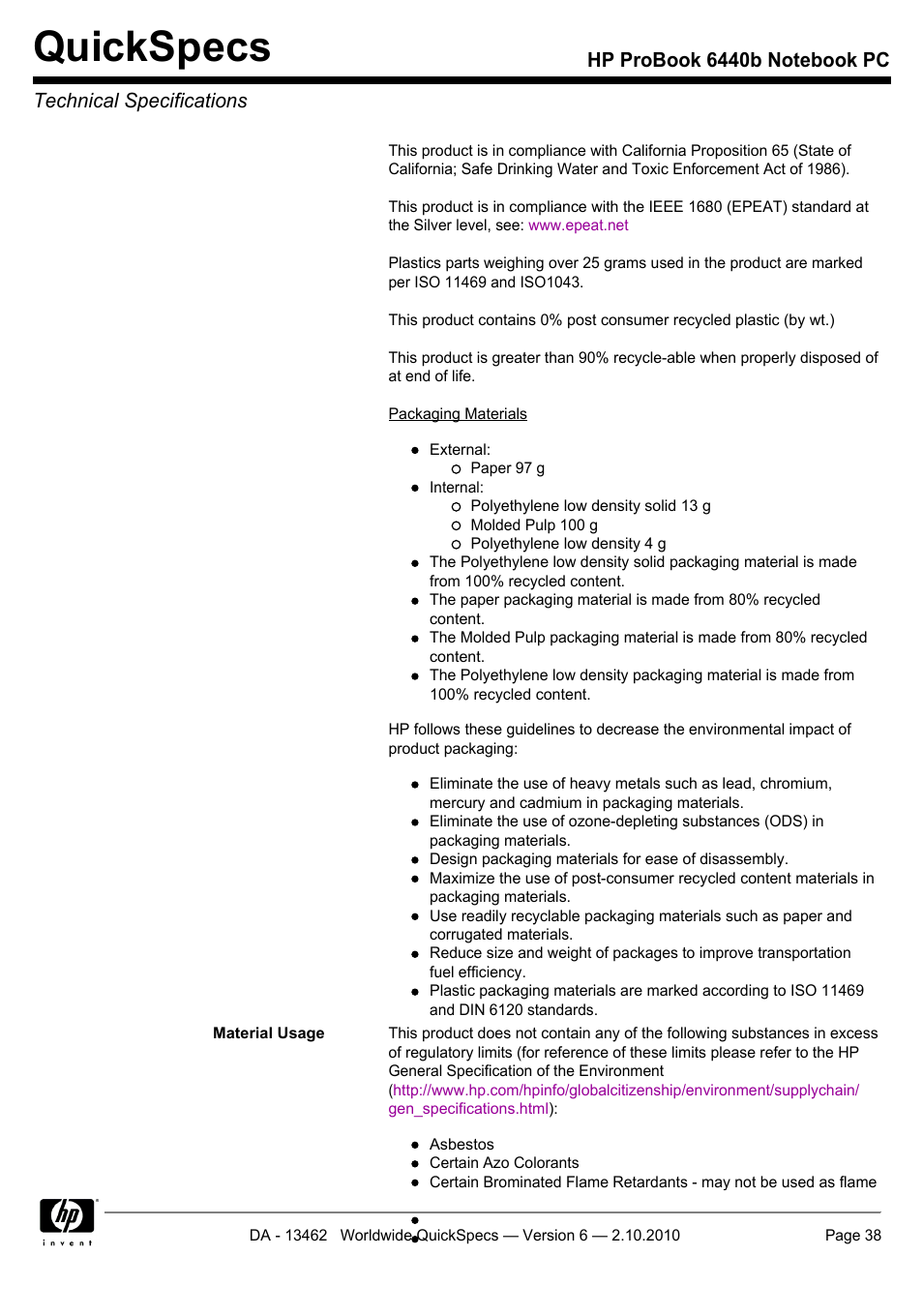 Quickspecs | HPP Enterprises 6440B User Manual | Page 38 / 40