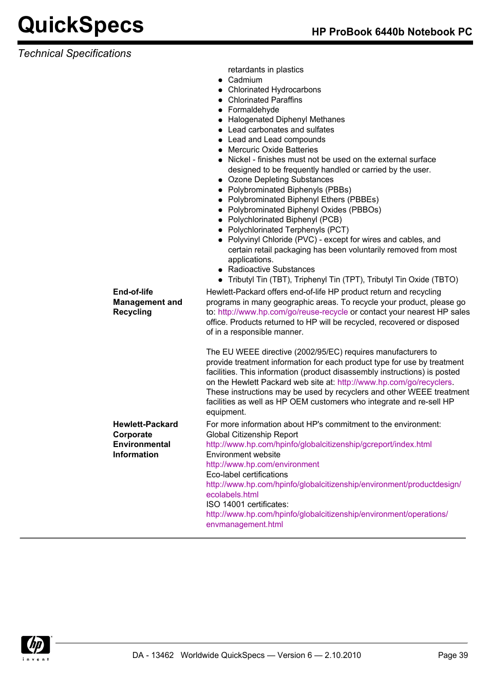 Quickspecs | HPP Enterprises 6440B User Manual | Page 39 / 40