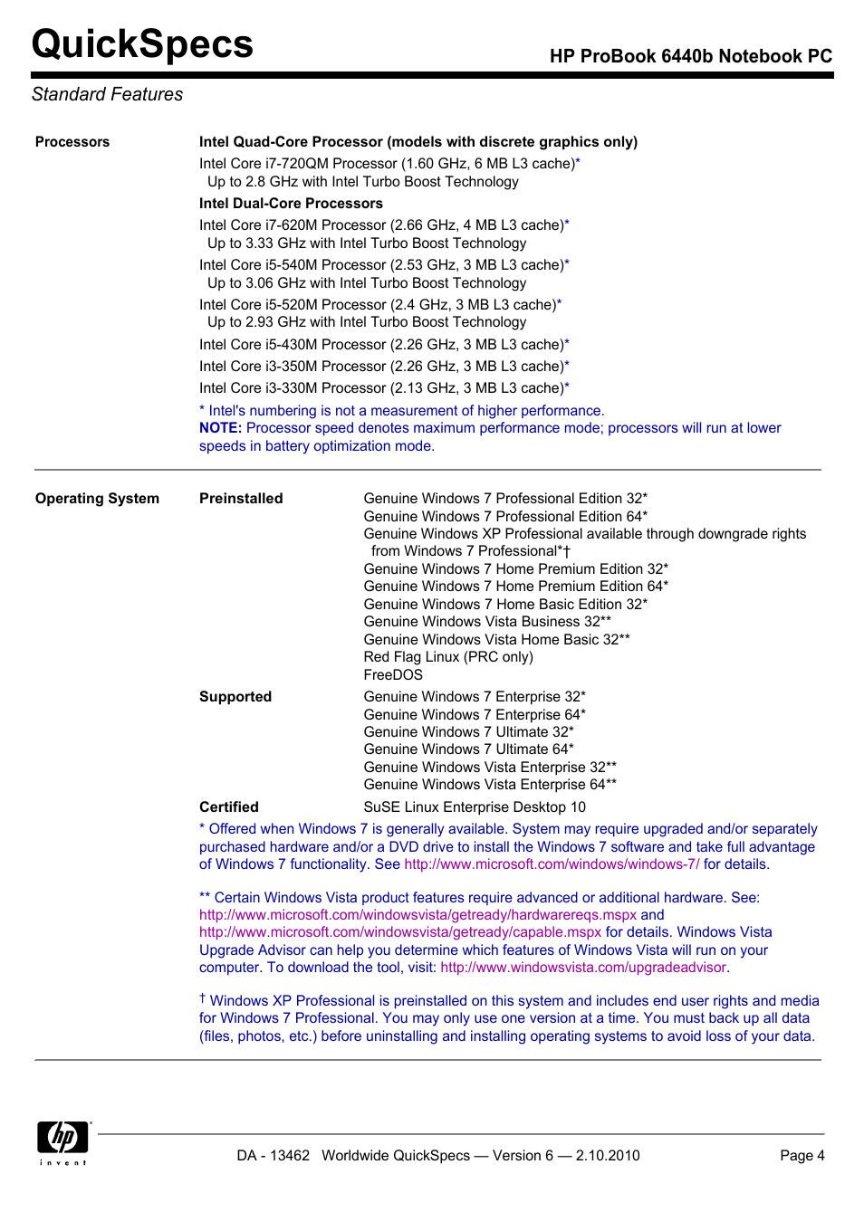 Standard features, Quickspecs | HPP Enterprises 6440B User Manual | Page 4 / 40