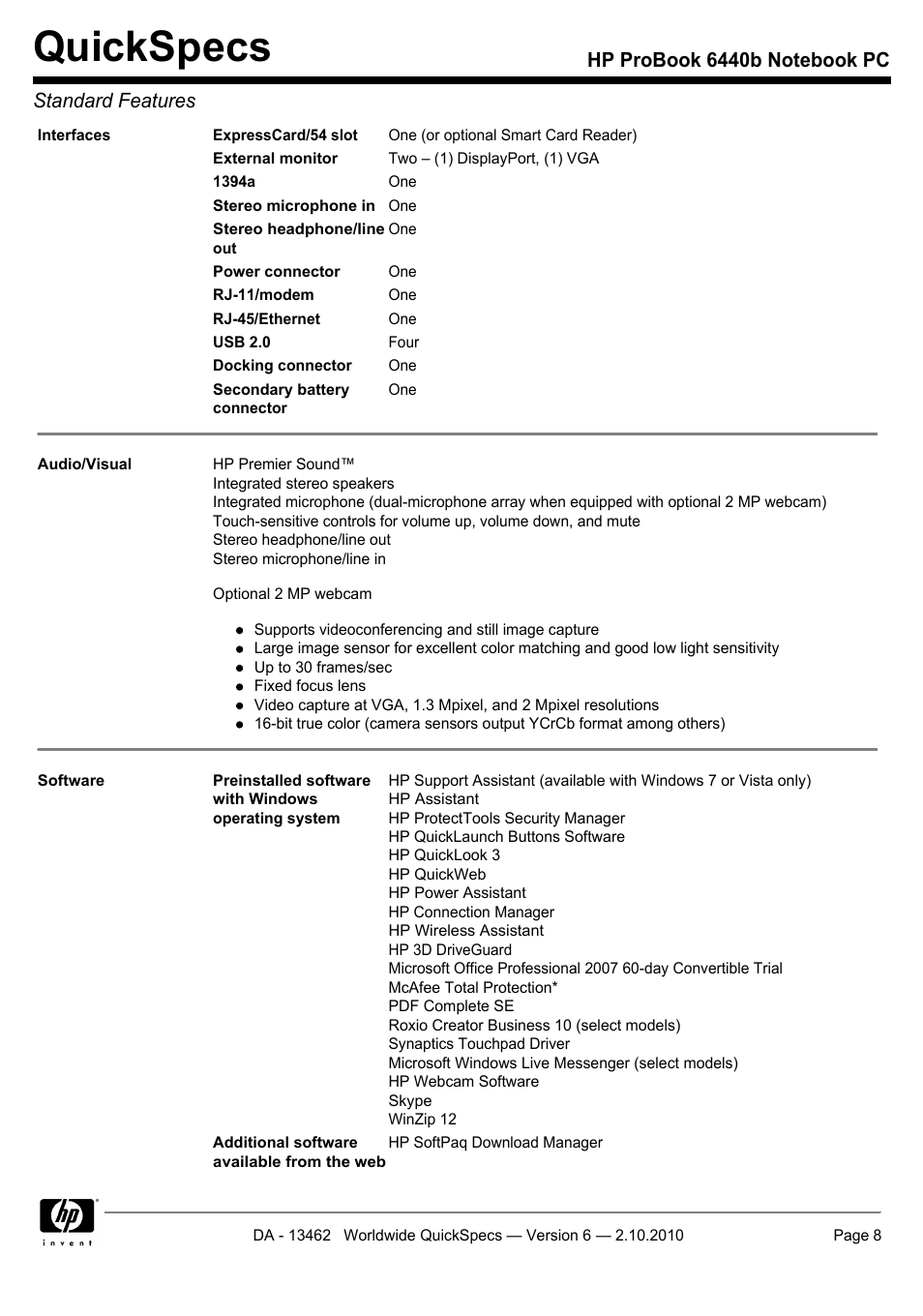 Quickspecs | HPP Enterprises 6440B User Manual | Page 8 / 40