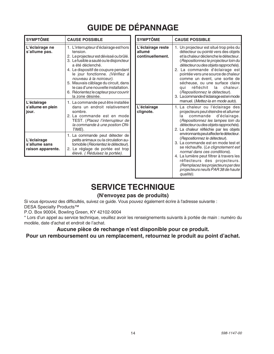Guide de dépannage, Service technique | Heath Zenith SL-9526 User Manual | Page 14 / 16