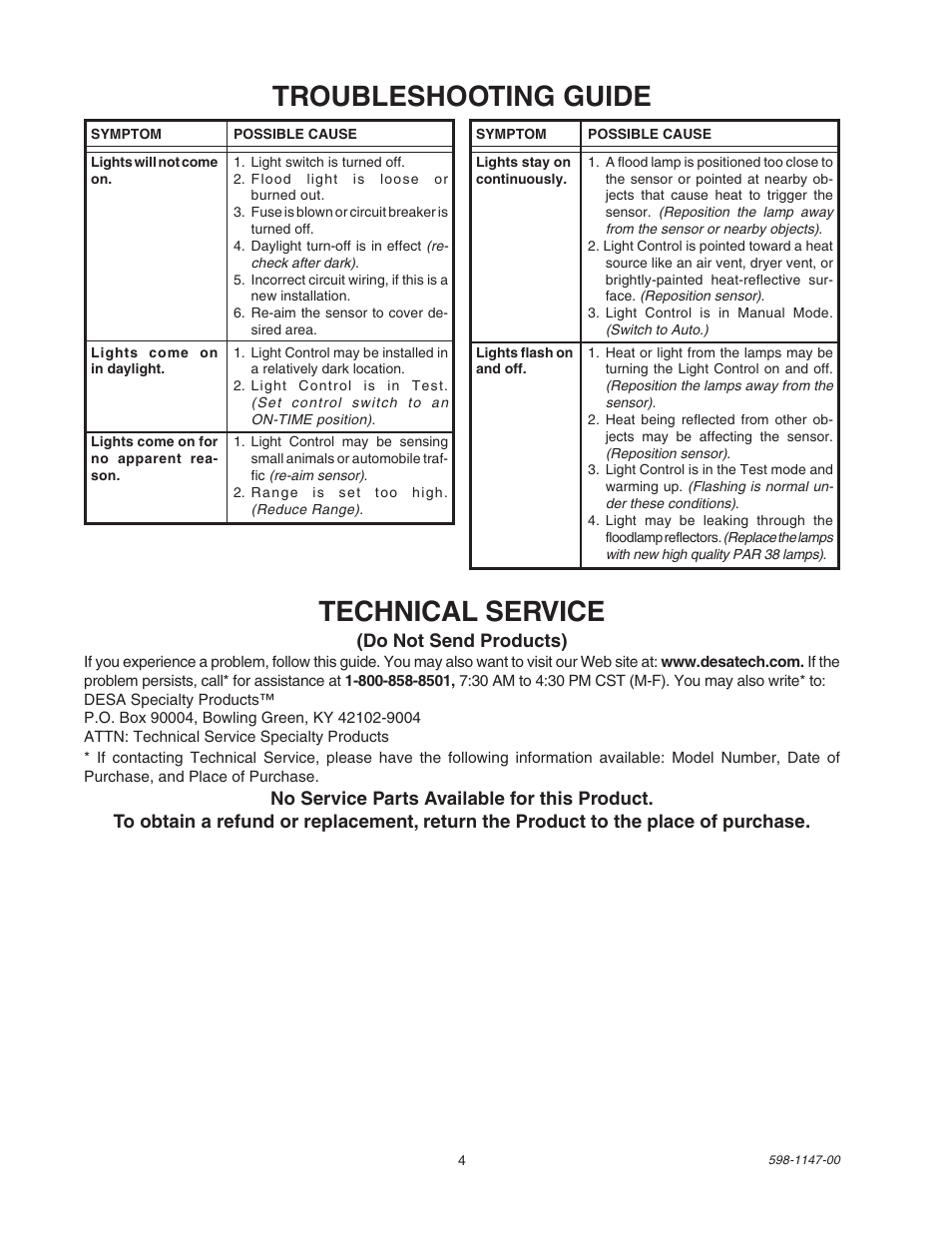Troubleshooting guide technical service | Heath Zenith SL-9526 User Manual | Page 4 / 16