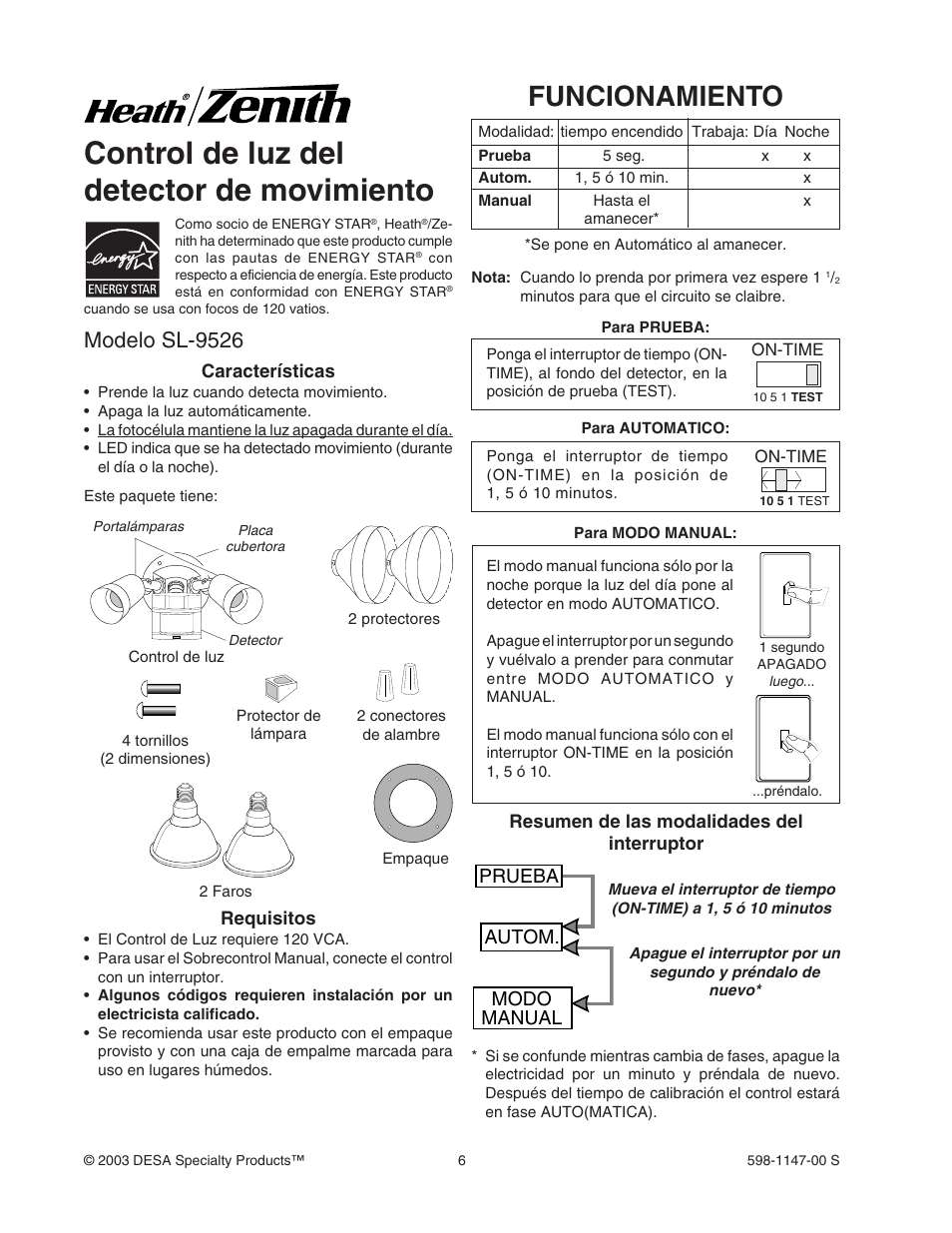 Control de luz del detector de movimiento, Funcionamiento, Modelo sl-9526 | Prueba autom. modo manual | Heath Zenith SL-9526 User Manual | Page 6 / 16